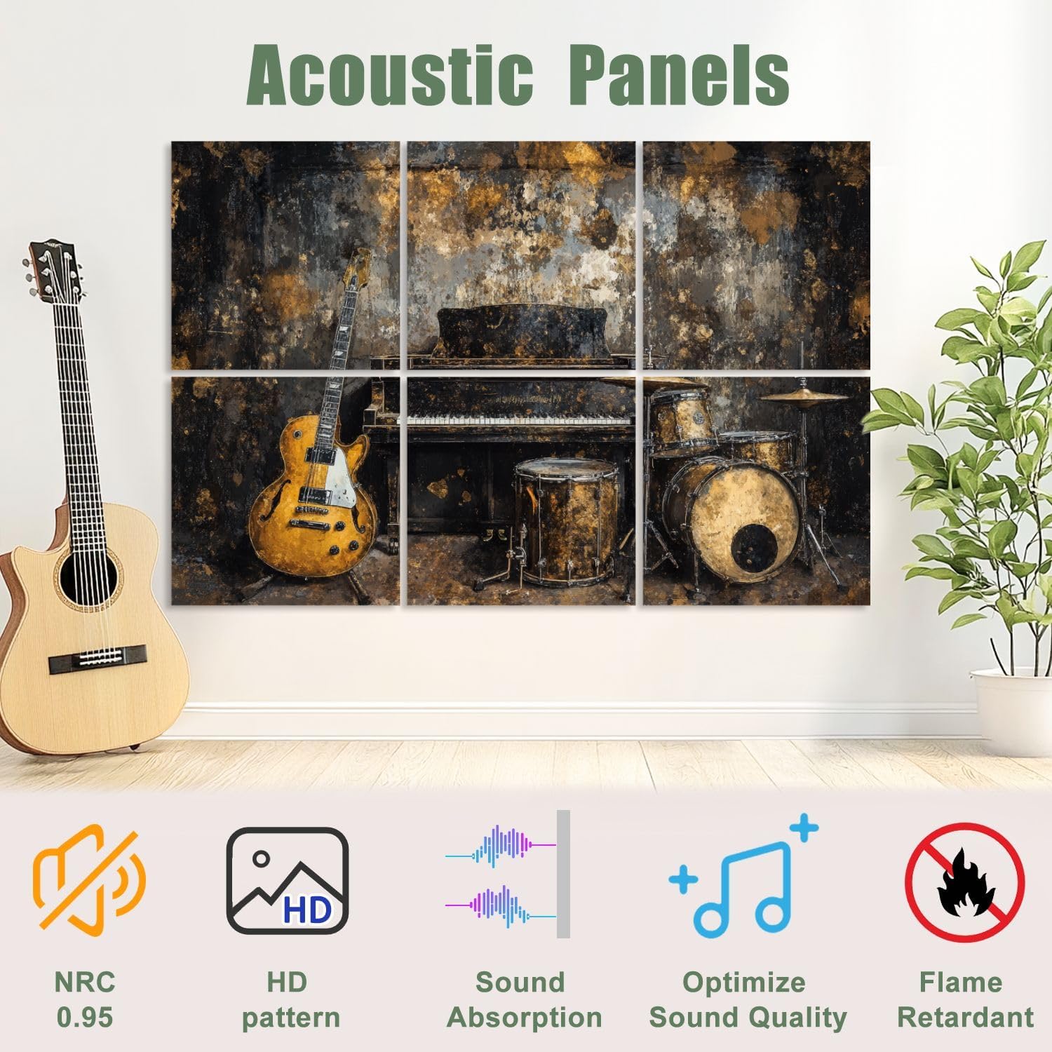 6 Pack Art Acoustic Panels Sound Absorbing Music Black Gold Guitar Piano Drum Set Studio Electric Upright Drums Decorative Soundproof Wall Panels Self Adhesive for Recording Studios Office 72