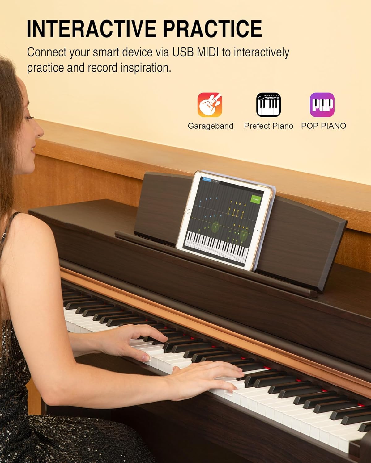 UMP-200 88 Key Weighted Action Digital Piano - with Furniture Cabinet Stand, Power Adapter，Triple Pedals，MP3 Function - Rosewood Vintage Style for Home Decoration