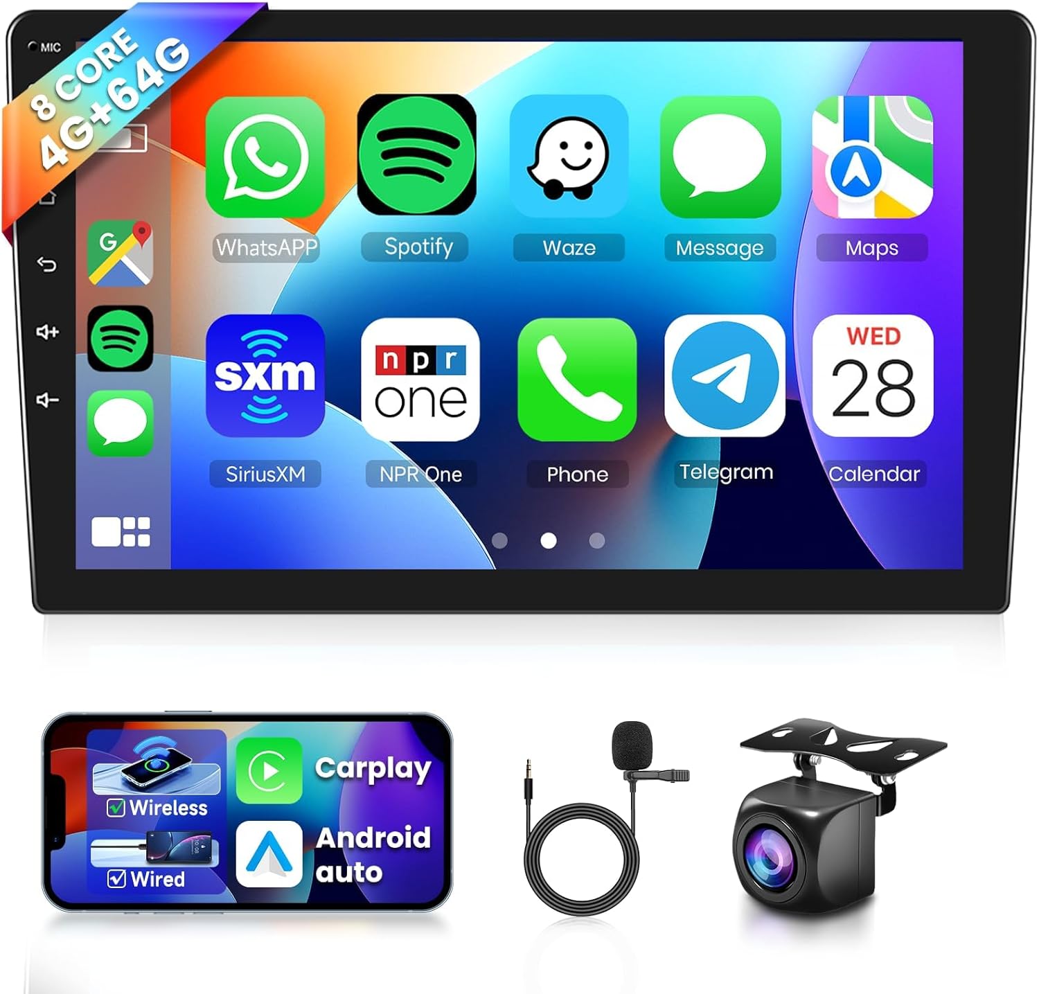 Podofo 10.1 Inch Android 13 Double Din Car Stereo with Wireless CarPlay/Android Auto, 1280 * 720P IPS Touch Screen GPS WiFi Bluetooth 32-Band DSP HD Backup Camera