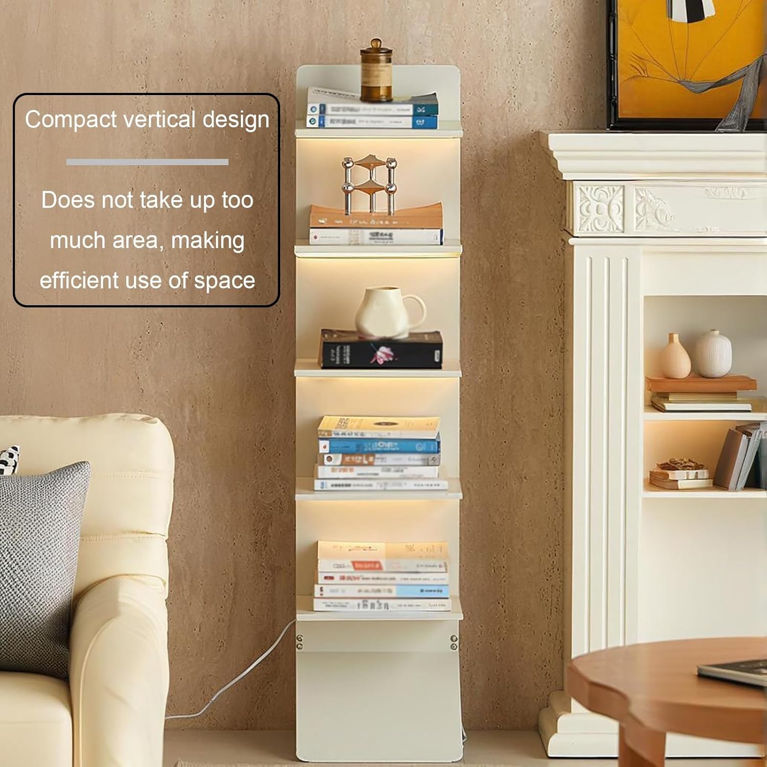 Modern Vertical Bookshelf Tower, Free Standing Bookcase Open Shelves, Simple Narrow Invisible Floor Wall Bookshelf for Small Spaces, Living Room, Bedroom, Office(White)