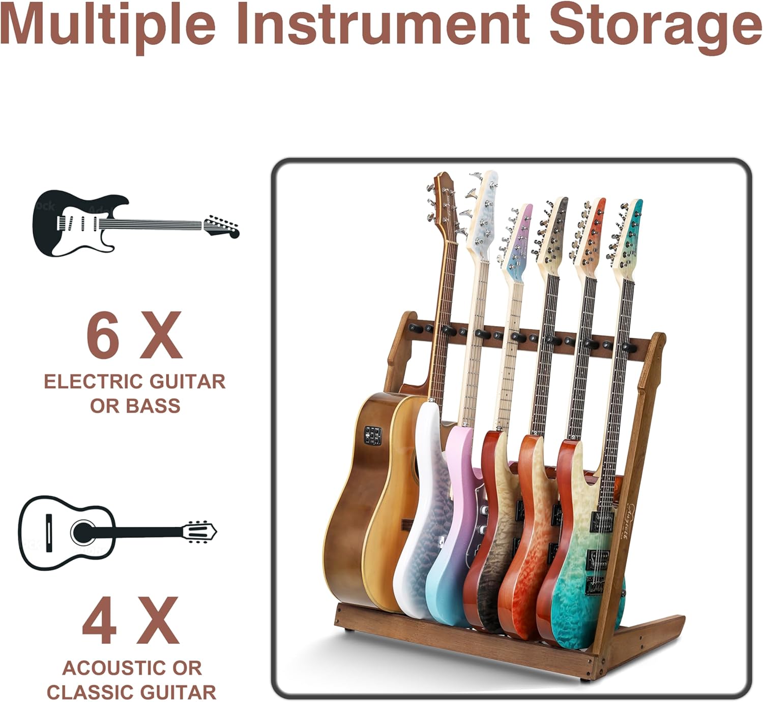 Guitar Stand for Multiple Guitars,Multi Wood Guitar Rack for 4 Acoustic Guitar, 6 Electric or Bass,18mm-thick wooden plank