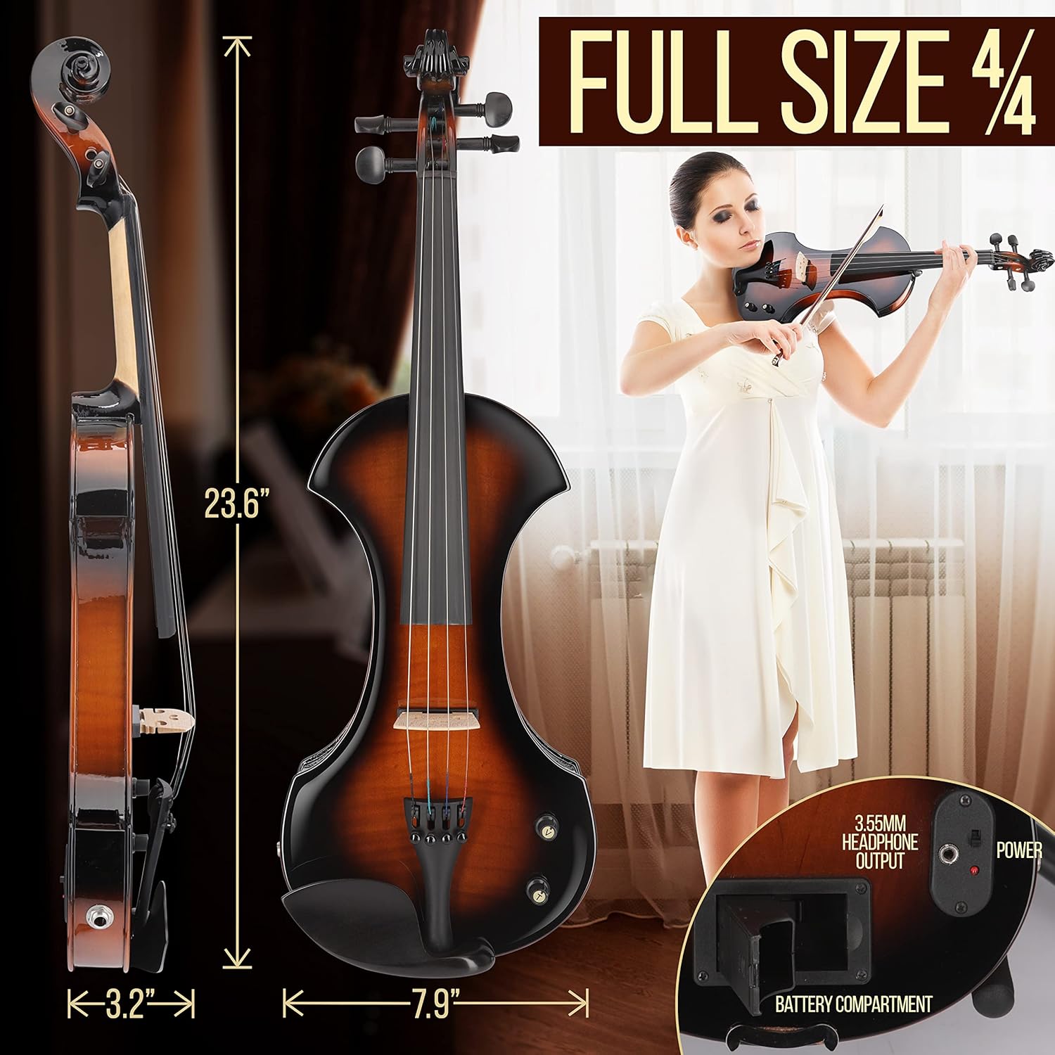 Pyle Full Size Electric Violin, 4/4 Solid Wood Silent Fiddle, with Amplifier Kit, Hard Case, Bow, Ebony Fittings, Digital Tuner, Extra Strings, Rosin
