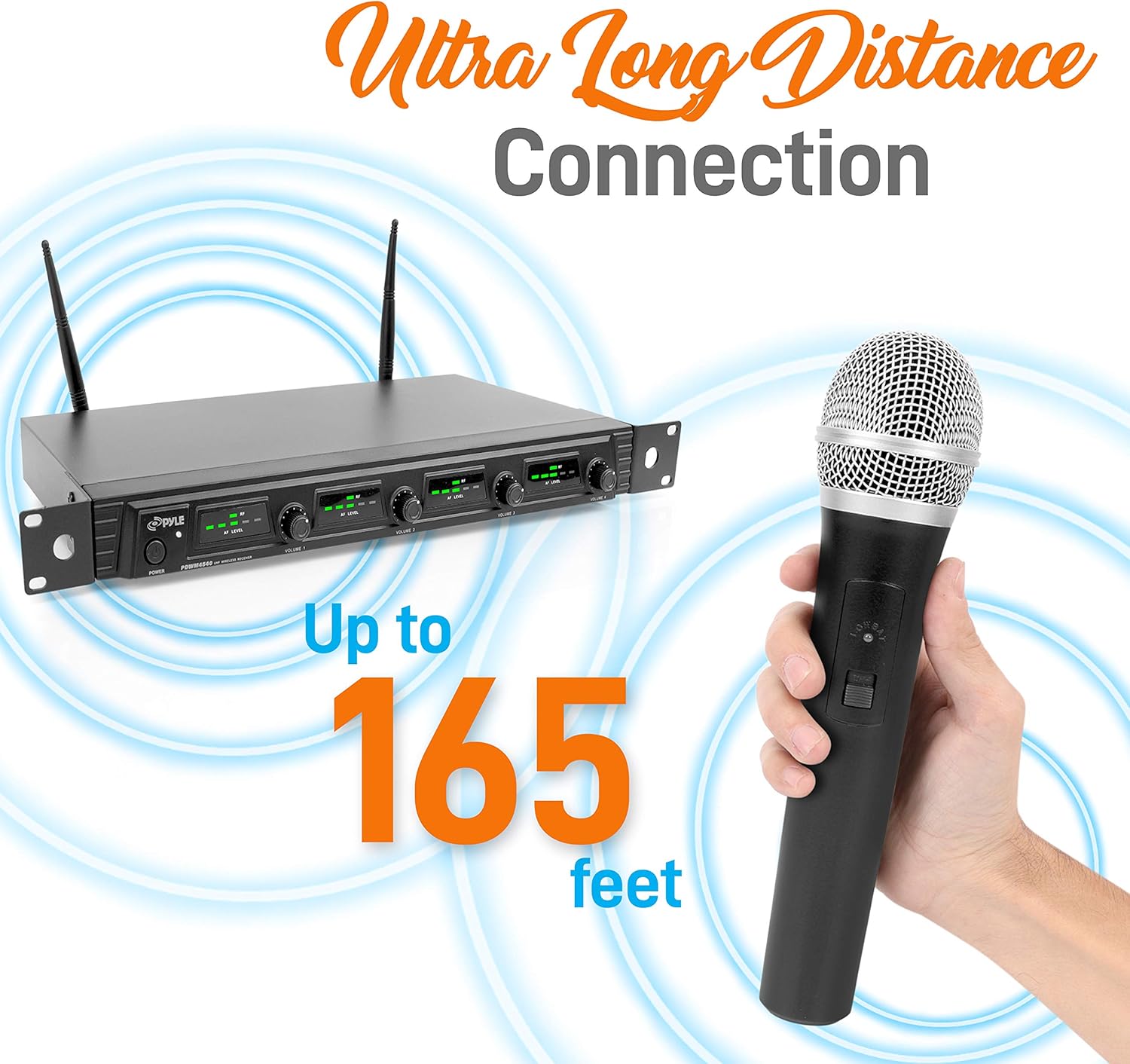 Pyle 4 Channel Wireless Microphone System - Portable UHF Audio Mic Set with 2 Handheld, 2 Headset, 2 Lavalier Mics, 2 Transmitter, 8 'AA' Battery, Power Adapter - For Karaoke, PA, DJ - Pyle PDWM4540