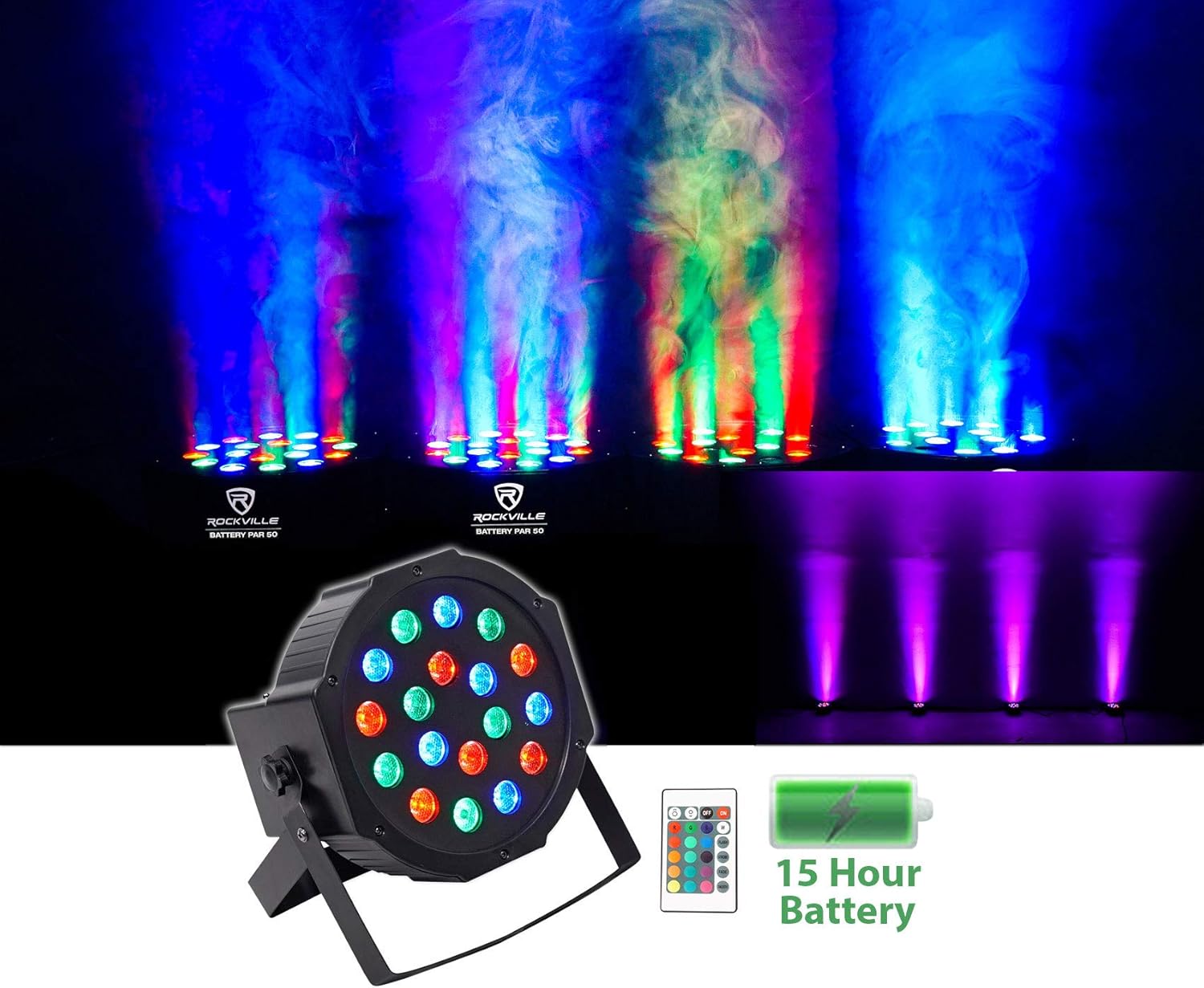 Rockville Battery Par 50 Bundle: (6) Rechargeable LED DMX RGB Uplights with Remote, 18 x 1W LEDs, 4400-mAh Battery, RLBP6 Padded Backpack with Dividers & Straps, 7-Items