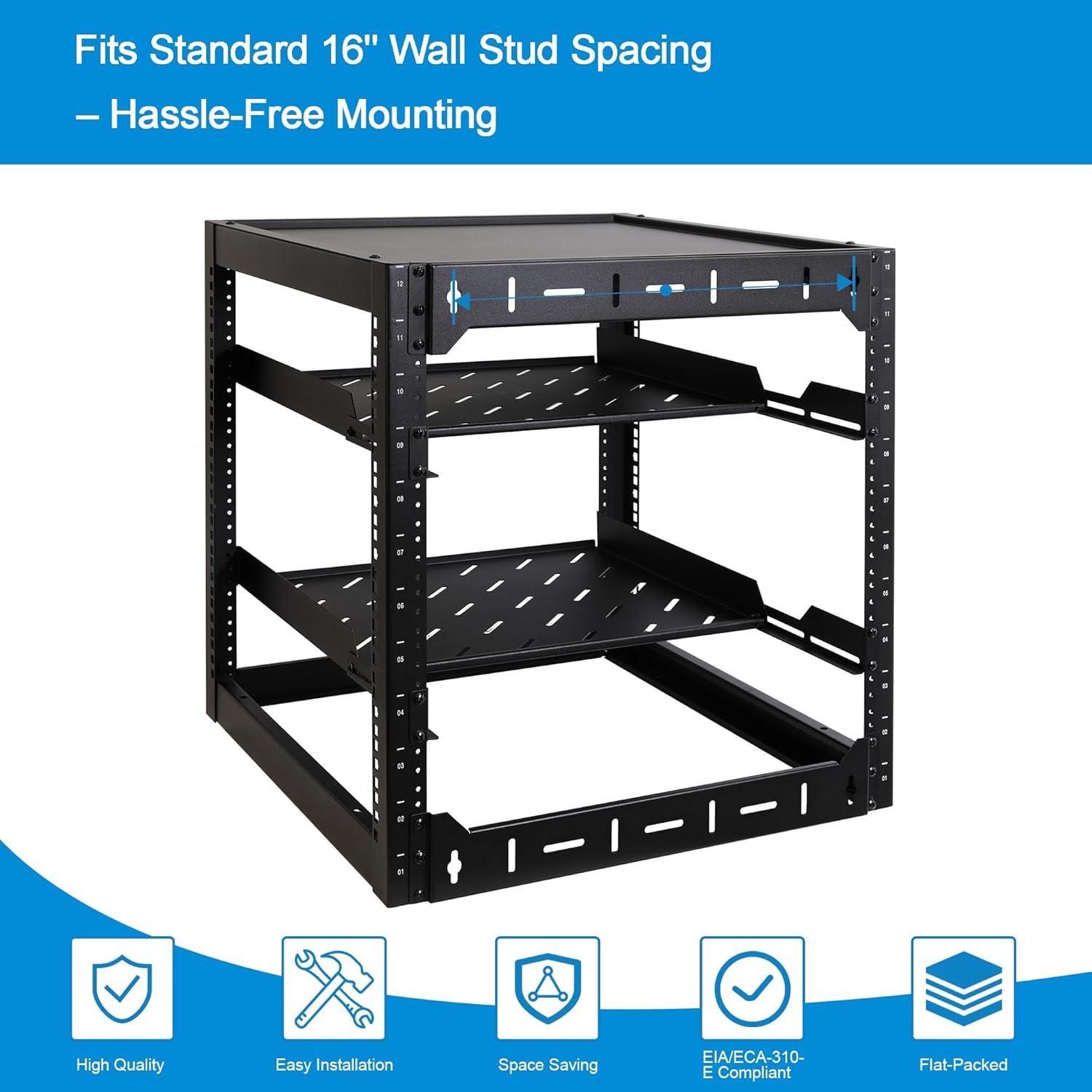 RackPath 12U Open Frame Network Rack with 2X 14in Vented 1U Shelves Rear Support, Wall Mount/Floor Standing Network Cabinet, Heavy Duty 150 lbs Capacity for IT & AV Gear, Audio and Video Device