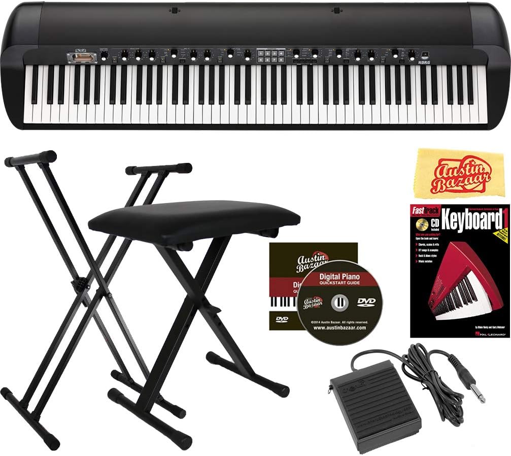 Korg SV288 88-Key Stage Vintage Digital Piano Bundle with Adjustable Stand, Bench, Sustain Pedal, Instructional Book, Austin Bazaar Instructional DVD, and Polishing Cloth