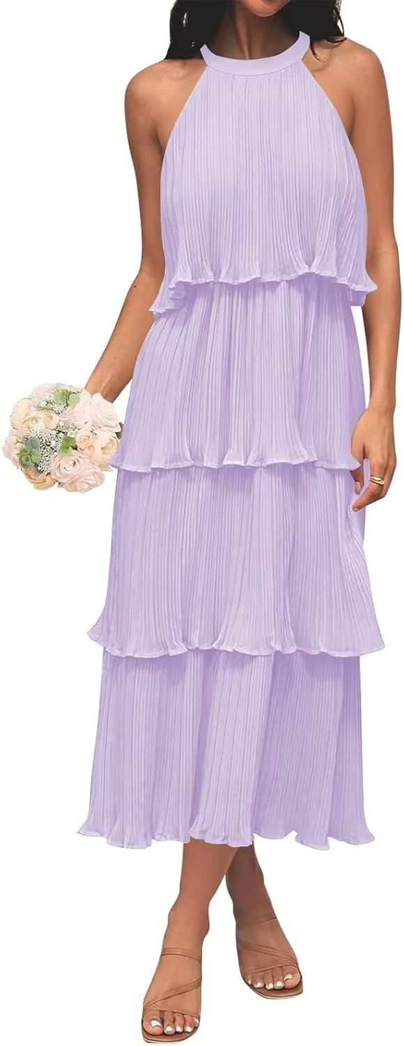 Women's Chiffon Bridesmaid Dresses Long Halter Neck Ruffle Formal Evening Dresses