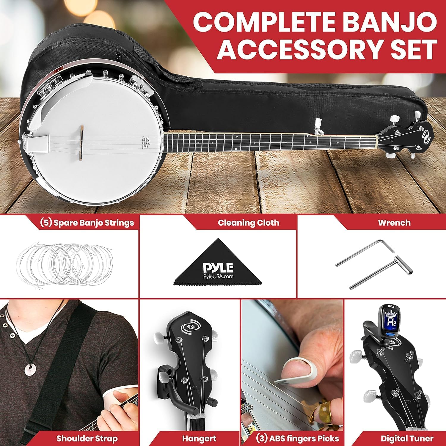 Pyle 5 String Resonator Banjo - Full Size 24 Bracket, Geared 5th Tuner Professional Instrument w/Remo Drum & Hardwood Back - Full Beginner Starter Kit Gig Bag, Tuner, Strings, Picks, Strap, Tools