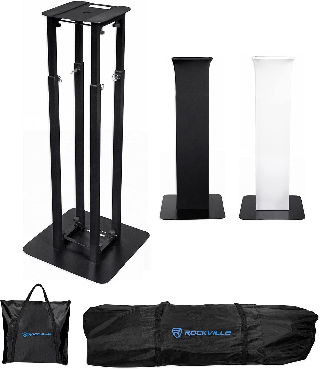 Rockville Rock SPOT Bundle: (2) 260W DJ Moving Head Spot Lights w/Wireless DMX, Prism, Gobos, (2) RTP32B Totem Moving Head Light Stands w/Black & White Scrims & Carry Bags, 4-Items