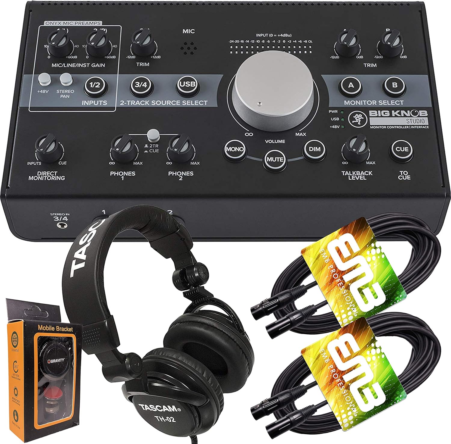 Mackie Big Knob 3x2 Studio Monitor Controller + Pro Headphone with Pair of EMB XLR Cable and Gravity Magnet Phone Holder Bundle (BNS+TH02 (2)+M)