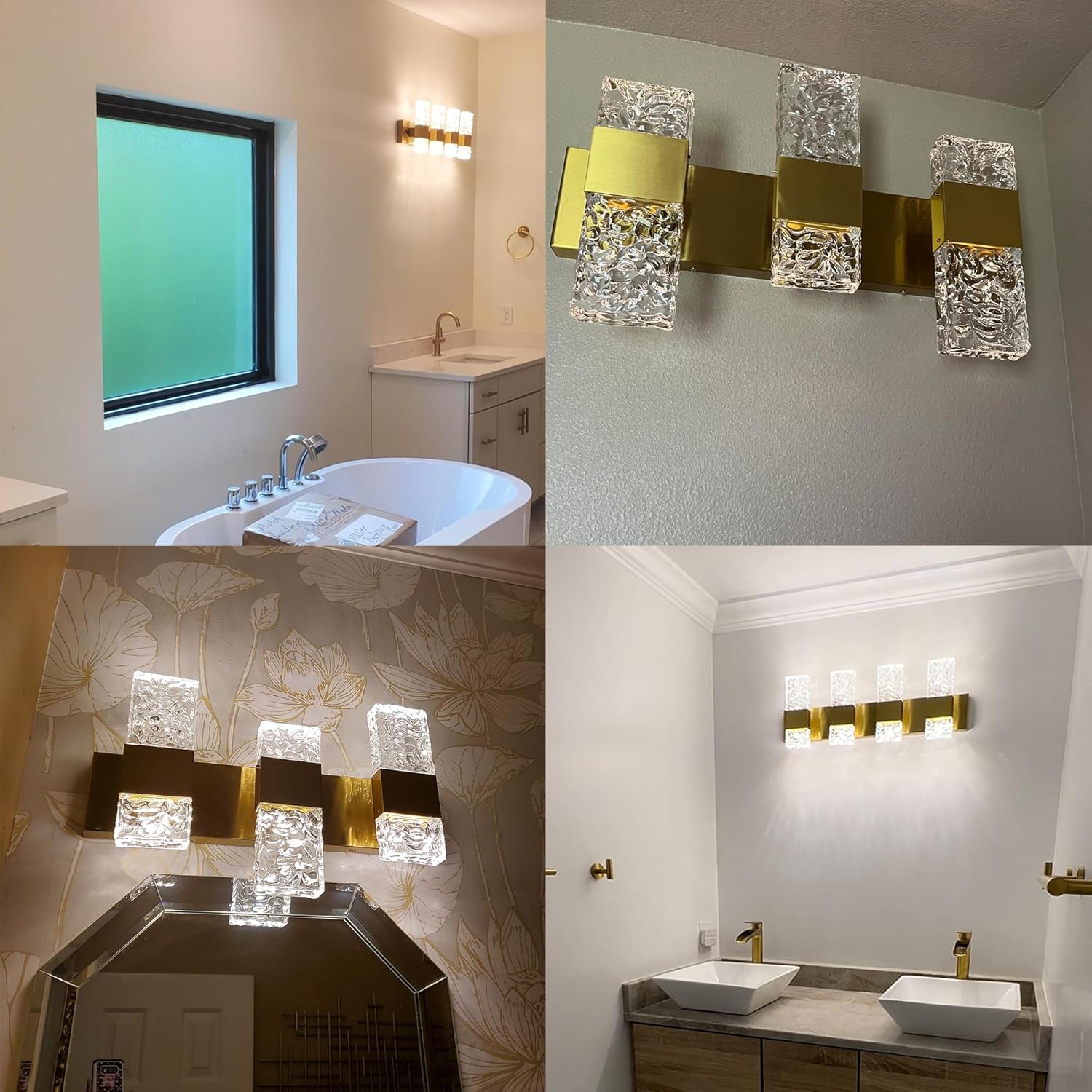 Gold Bathroom Vanity Lights Fixtures Over Mirror LED Crystal Modern 3 Light Brushed Stainless Steel Wall Mount Light for Bathroom Lighting Fixtures 3000K 30Watts Warm Light