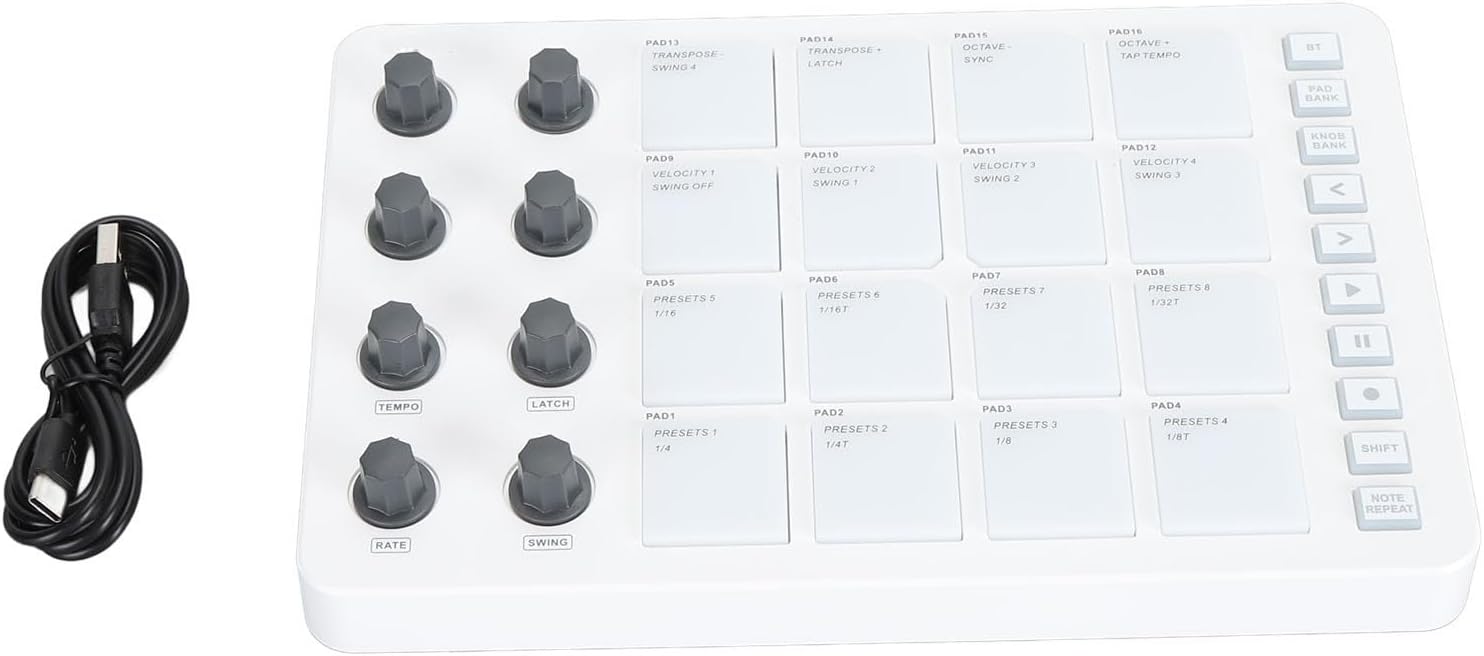 16 RGB Drum Pads, 8 Rotating Knobs, MIDI Controller, USB Beat Maker Machine for Music Production5mm MIDI Output Port, 2000mAh Lithium Battery, Cubase, Pro X, OS X