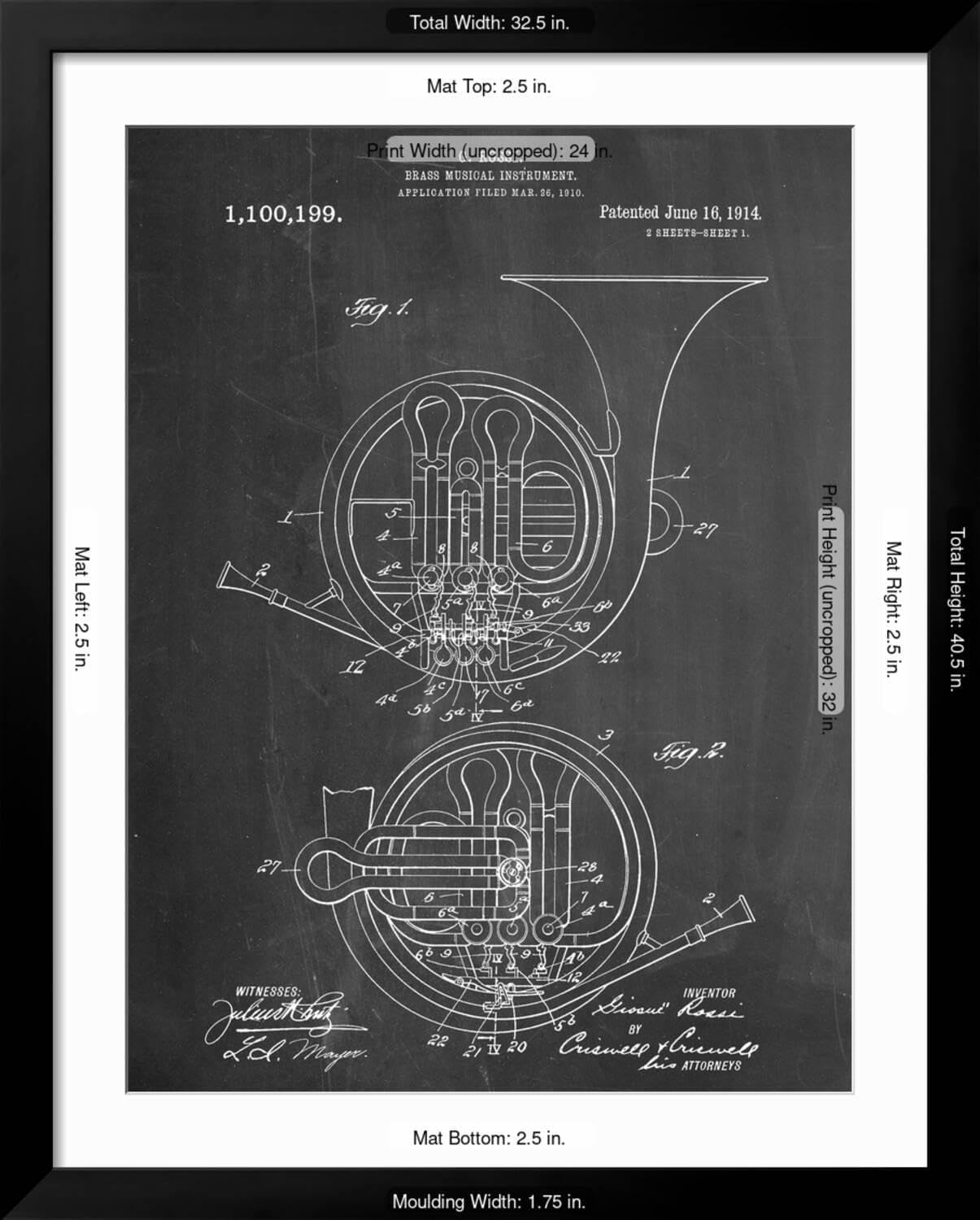 ART.COM Wall Art Print French Horn Instrument Patent on Black Frame, 32
