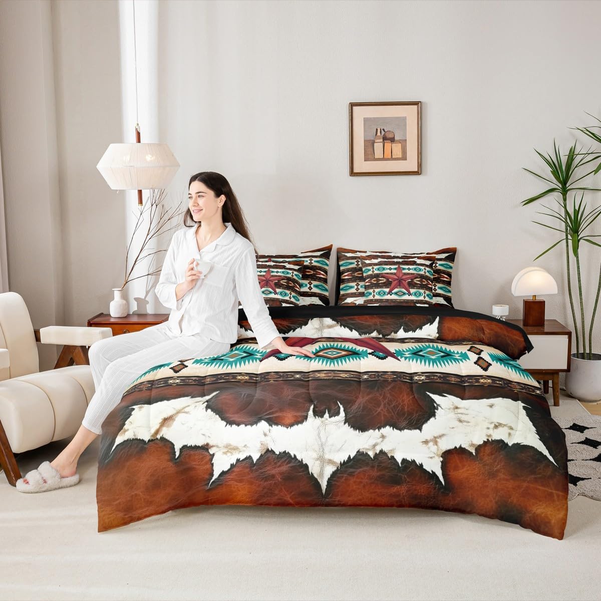 Feelyou Vintage Western Texas Star Print Queen Comforter Set with Sheets Cowhide Cow Print Retro Fur 7 Pieces Bedding Set Boho Rustic Farmhouse Bed in a Bag Exotic Geometric Room Decor Southwest Aztec