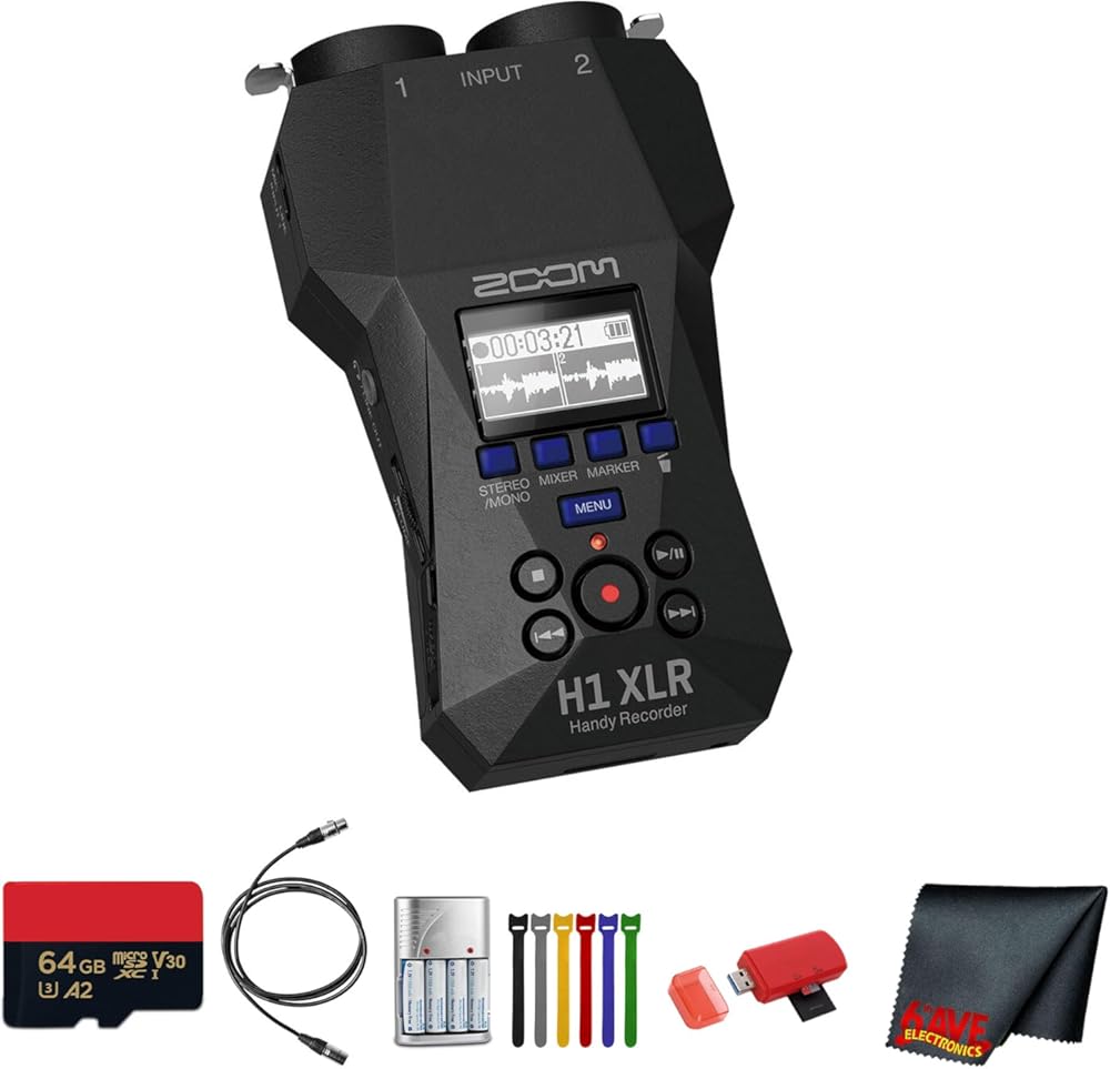 Zoom H1 XLR Portable Audio Recorder for Video Bundle with Microfiber Cleaning Cloth + 4X AA Batteries with Charger + Extreme Pro 64GB microSDXC Memory Card + USB Card Reader