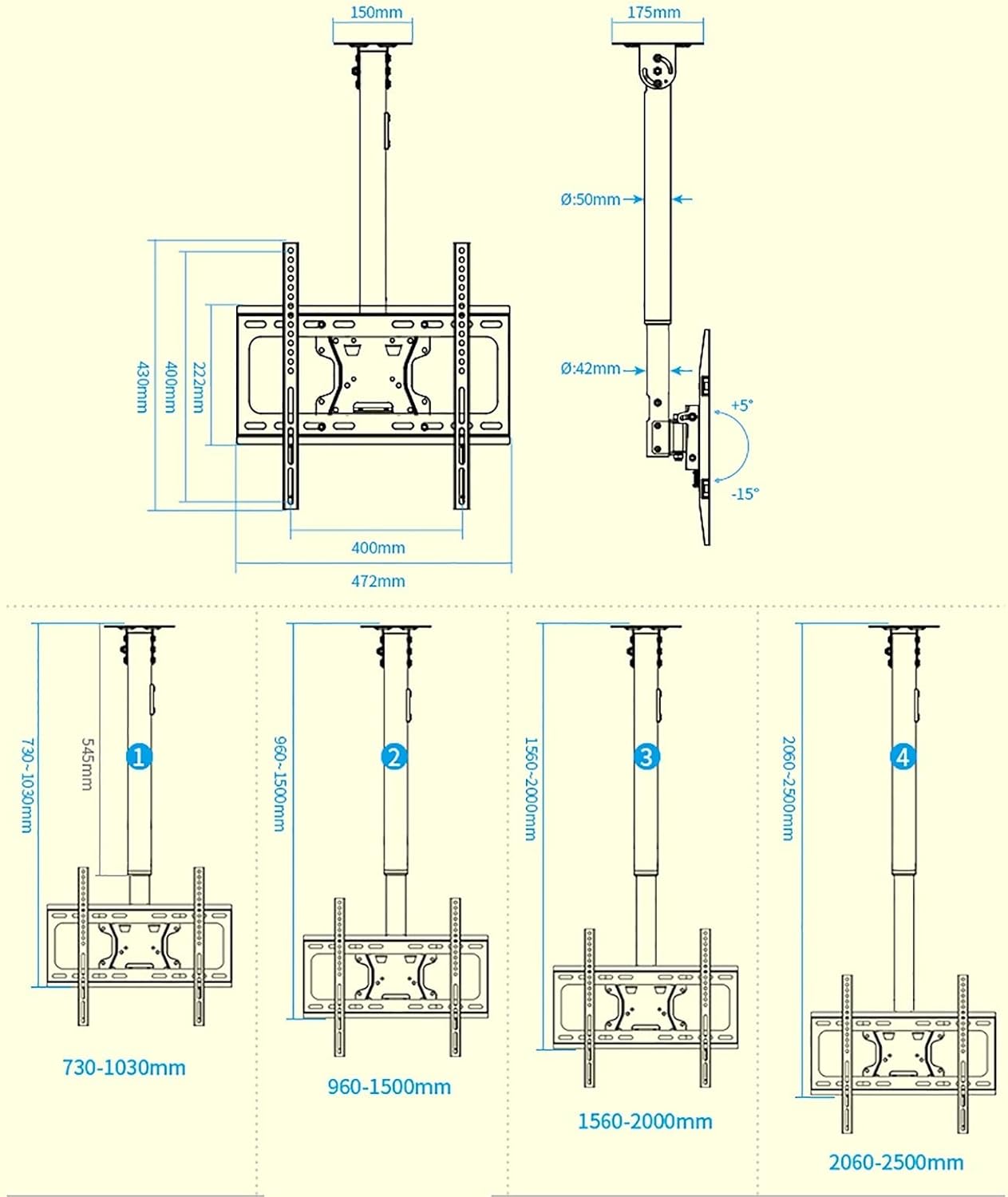 TV Stand tv Wall Mount Ceiling TV Mount Bracket, Tilt Swivel Telescopic TV Stand, Fits 32-65 Inch TVs, Holds Up to 132lbs Screens