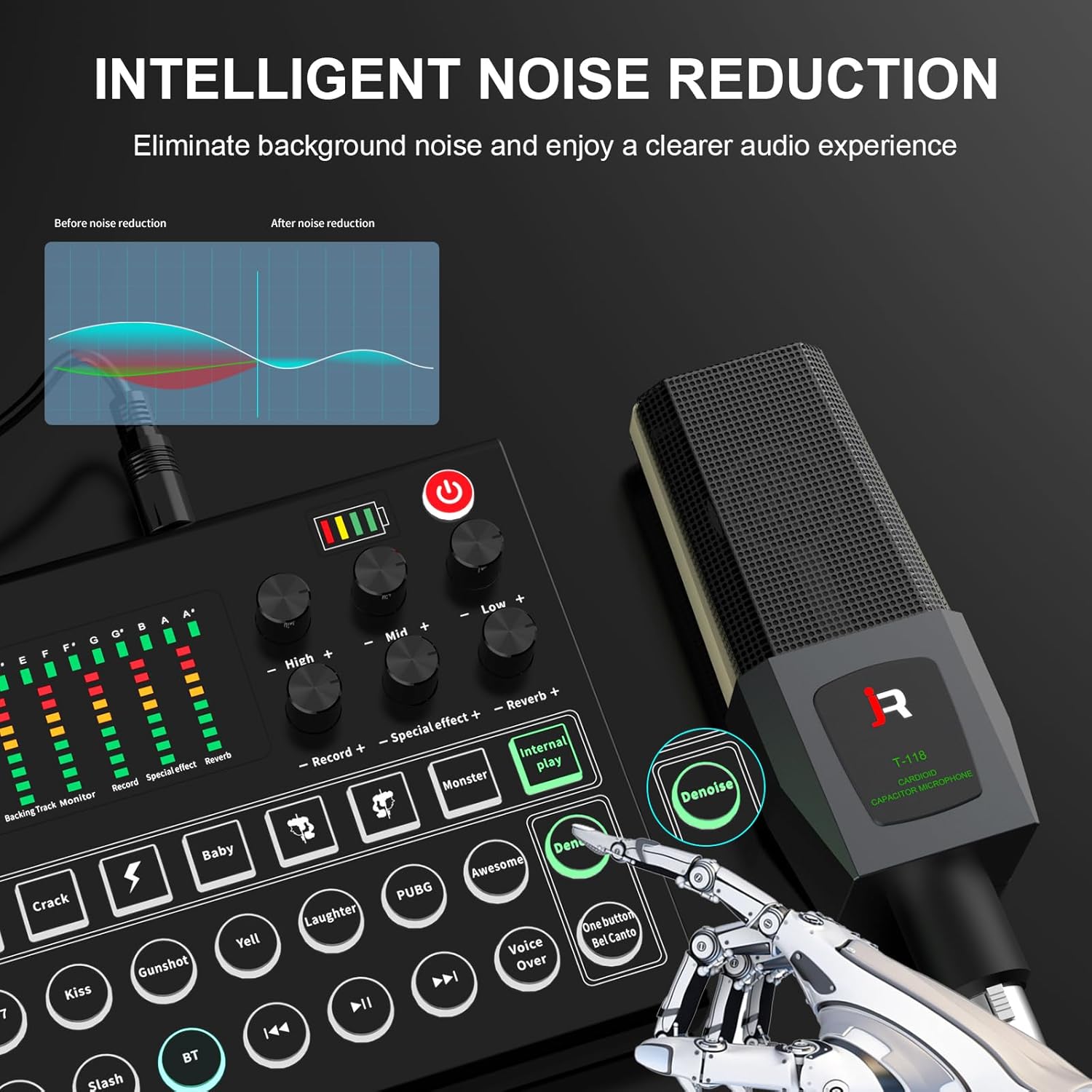 RHM M9 Podcast Equipment Bundle, All-in-One Audio Interface with Microphone & Earphone, 13 Sound Effects, Support Voice Changing/Noise Reduction/Elimination, Great for TikTok, Youtube, Facebook live