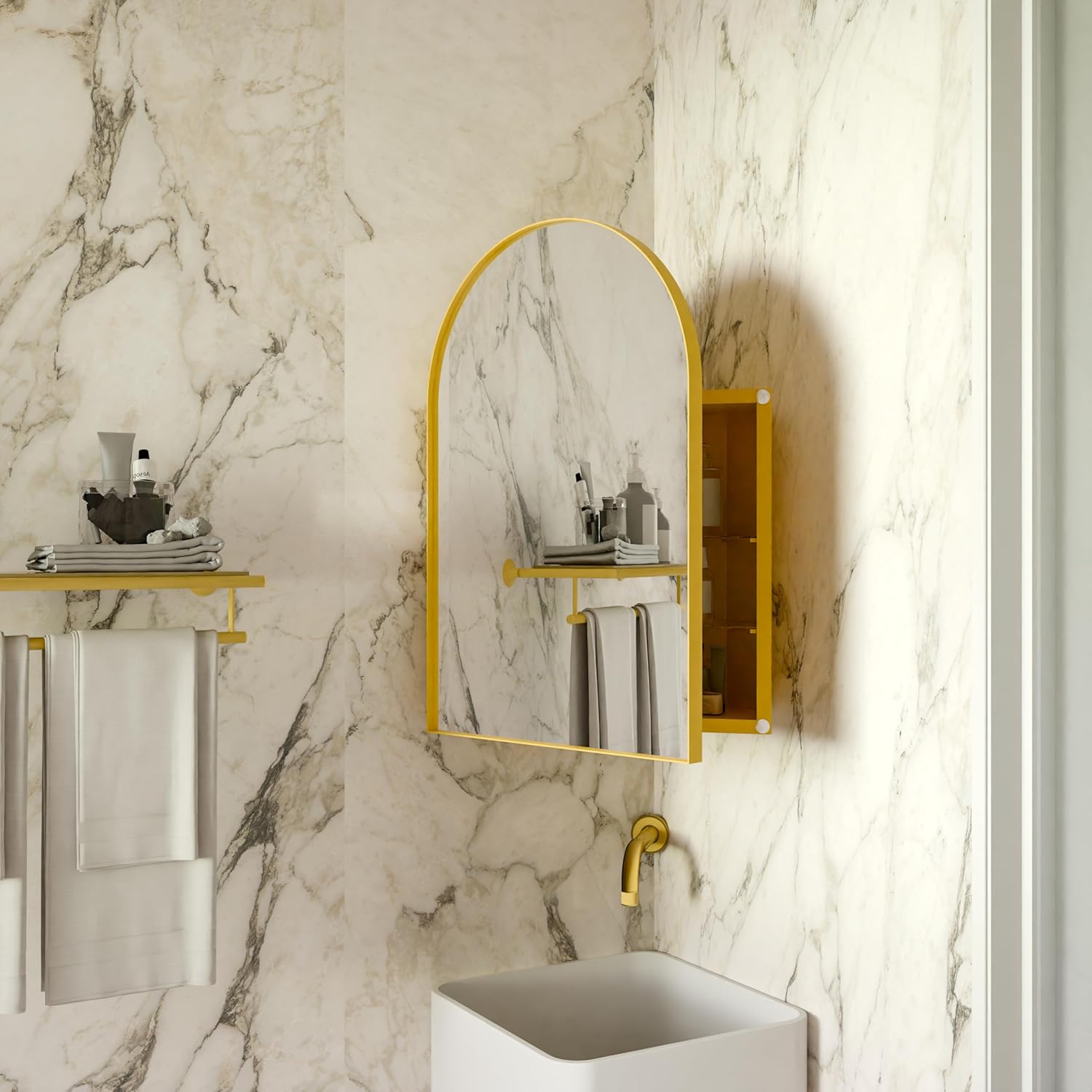 Space-Saving Metal Corner Medicine Cabinet with Arched Mirror & Adjustable Glass Shelves – Wall-Mounted Bathroom Storage Organizer for Small Spaces (Golden)