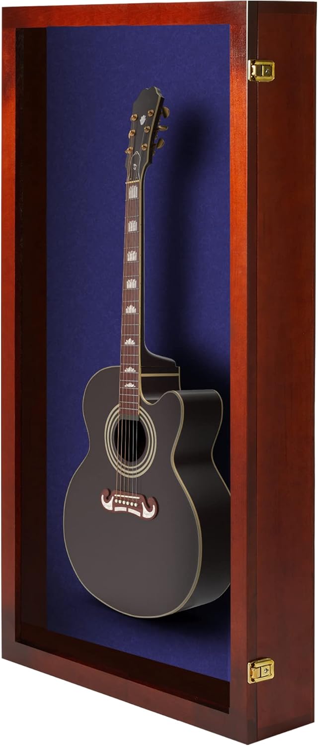 PENNZONI Extra Large Acoustic Guitar Display Case - Wall Mount Display Case for Acoustic/Electric Guitars - Ultra Clear Acoustic Guitar Solid Wood Frame Display Case | Cherry, Blue Felt