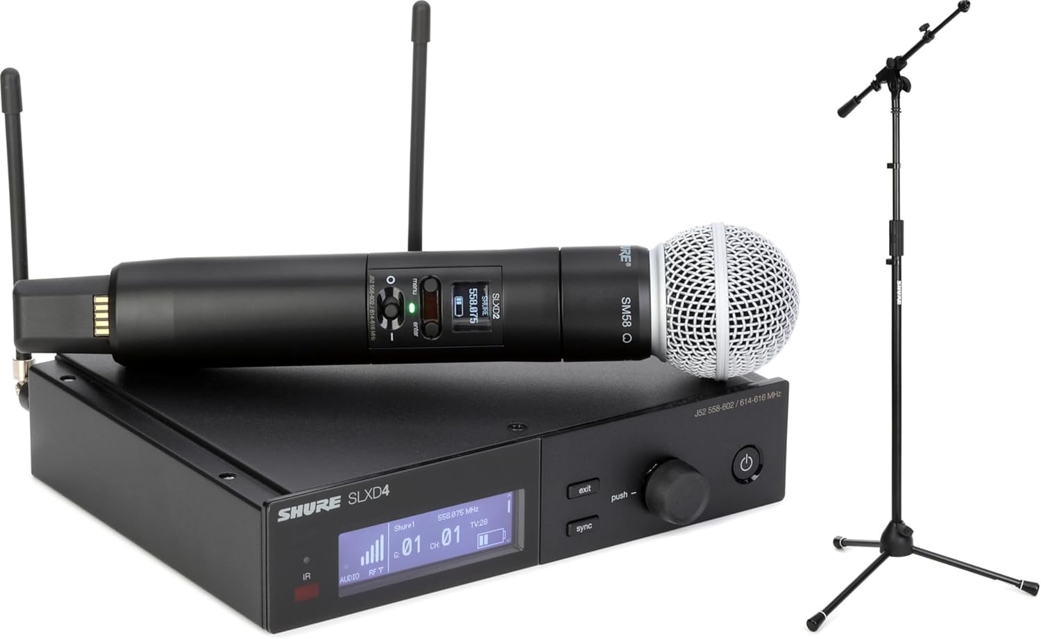 Shure SLXD24/SM58 Digital Wireless Handheld Microphone System J52 Band with Adjustable Tripod Mic Stand - Professional Audio Quality for Performers, Presenters, and Events