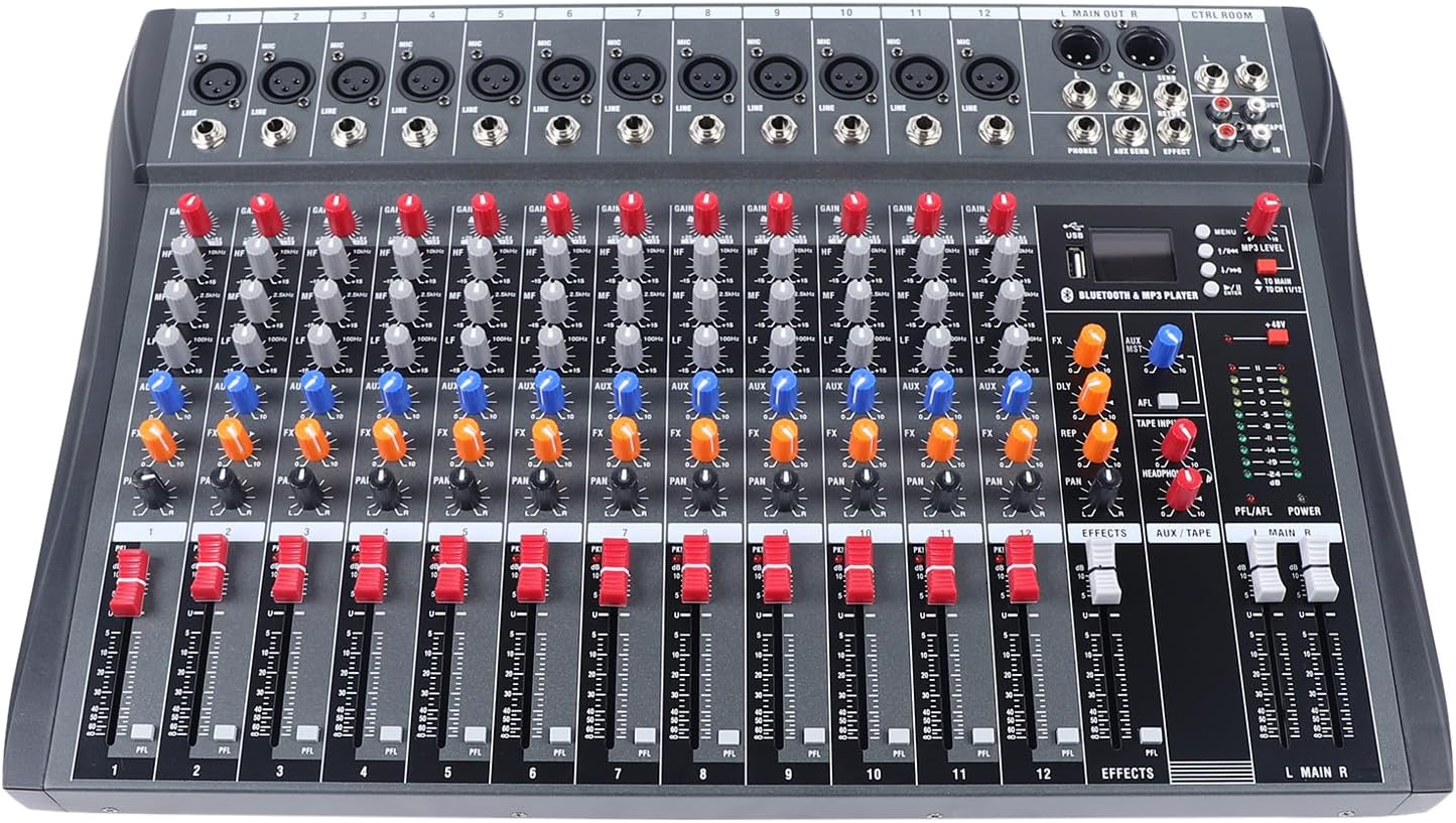 Audio Mixer,12 Channel Mixer Sound Mixing Console,Live Studio LED Display, 48V USB Stereo Audio Amplifier Mixer with 3-Band Equalizer for kTV DJ Live Player Recording (12 Channel A)