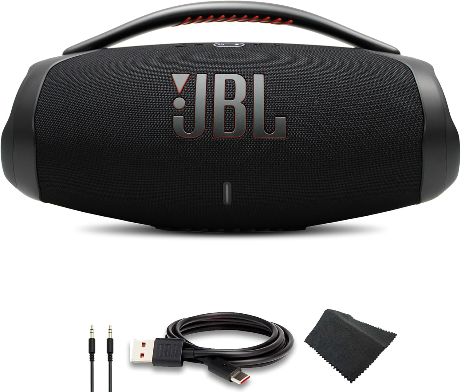 JBL Boombox 3 - Portable Bluetooth Speaker, IPX7 Waterproof, 24 Hours of Playtime (Black) (JBLBOOMBOX3BLKAM) + AUX Cable + USB-C Cable + Microfiber Cloth