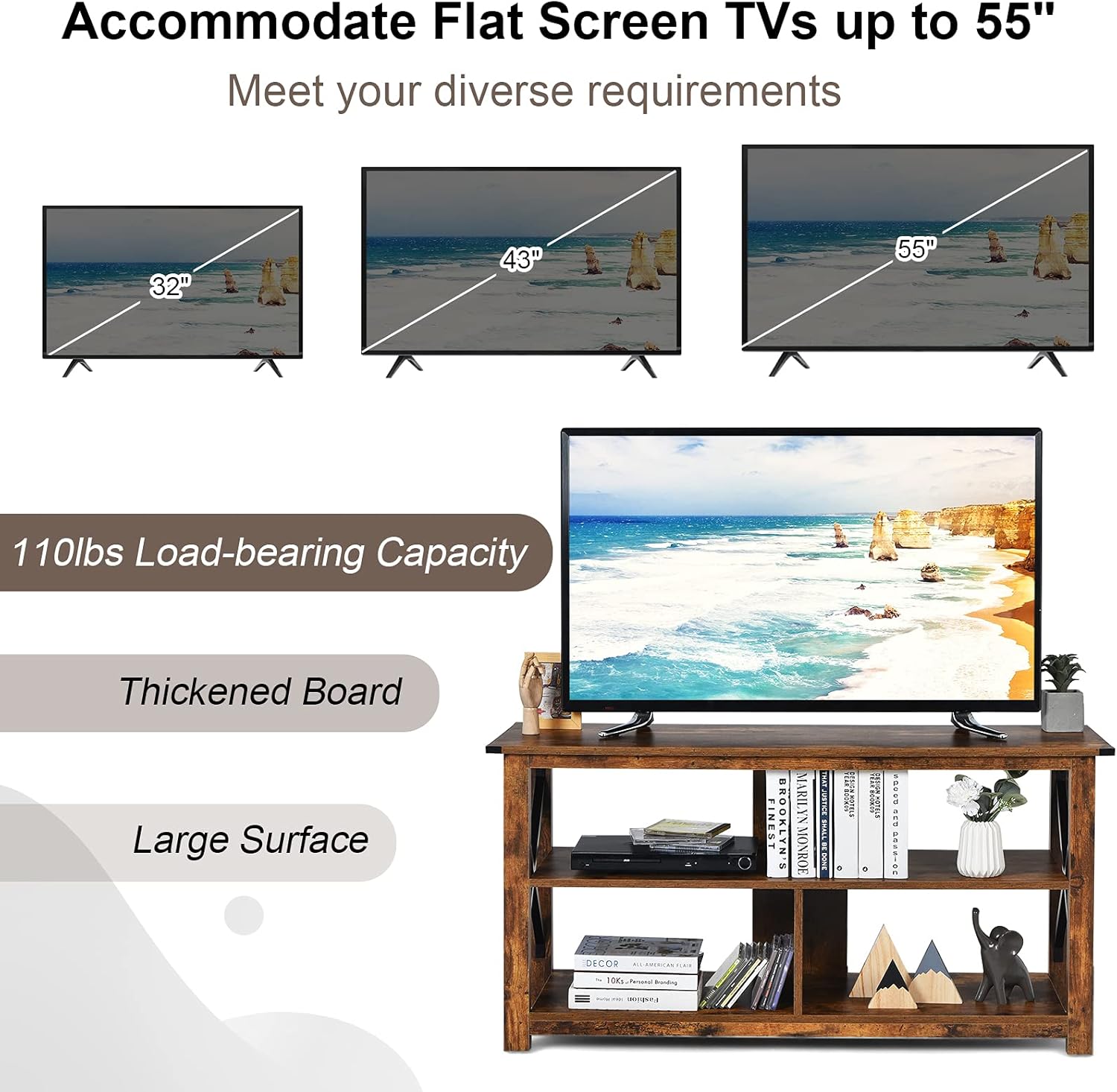 Tangkula Wood TV Stand with Open Shelves and X-Shaped Frame, 3 Tier Entertainment Center for 55-Inch TV, Farmhouse TV Console Table, Open TV Stands for Living Room Bedroom (Brown)