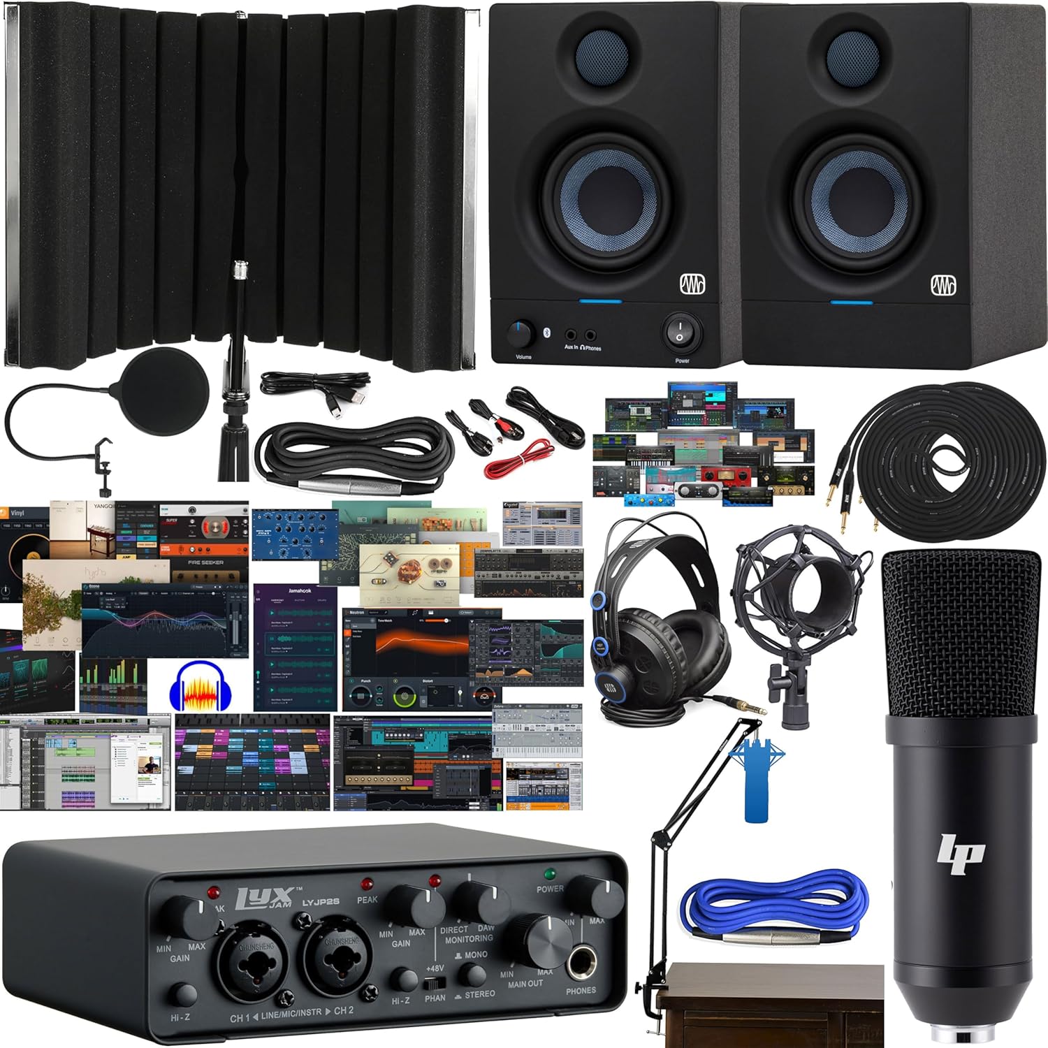 LyxPro Professional Studio Recording Bundle with 2x2 USB Audio Interface, Microphone Kit, E3.5BT Monitors, Boom Arm, HD7 Headphones