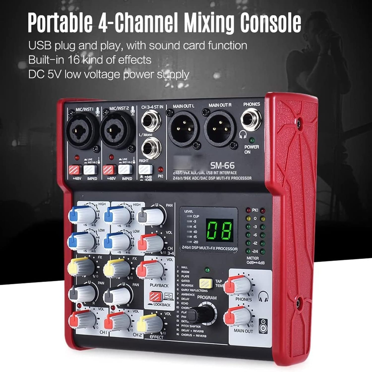 4-Channel Mixer Sound Card Audio Mixing Console Built-in 16 Effects with USB Audio Interface Supports 5V Power Bank