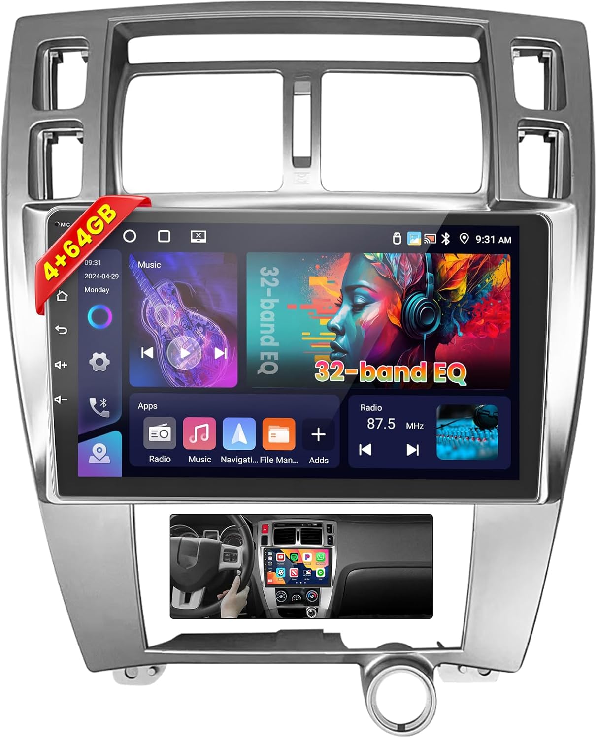 [4+64GB] Android 15 Car Radio for Hyundai Tucson 2006-2009 with Wireless Carplay Android Auto, 10 Inch HD Touchscreen Car Stereo with WiFi GPS Bluetooth5.0 FM/RDS 32EQ SWC Backup Camera MIC