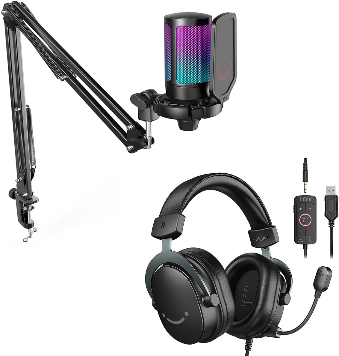 FIFINE Gaming Microphone & Headset Bundle: Computer Condenser RGB Mic with Arm Boom, PC Headset with 7.1 Surround Sound,Control Box, 3.5mm Jack for Streaming/Twitch/PS4/5 - A6T+H9