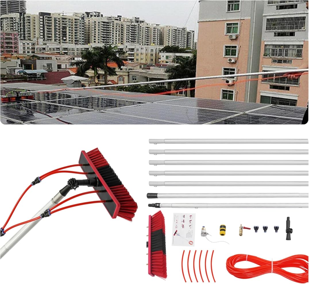 Lightweight 24 Feet Telescopic Water Fed Pole & Brush w/65 Feet Hose, Glass Window Cleaner Solar Panel Cleaning System, Washing Equipment Tool Solution, Scrubber Brush & Hose Spray Washer