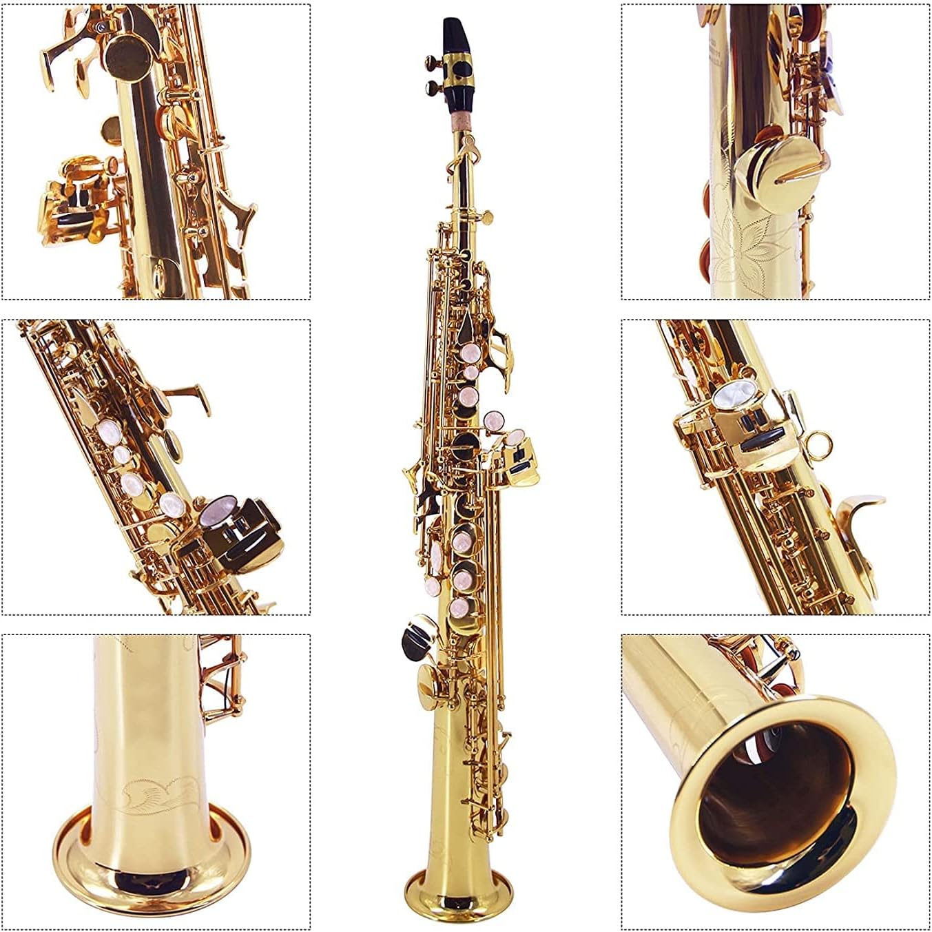 Straight Bb Soprano Saxophone Brass Lacquered Gold Woodwind Instrument with Carrying Case Reed Cleaning Brush Cloth