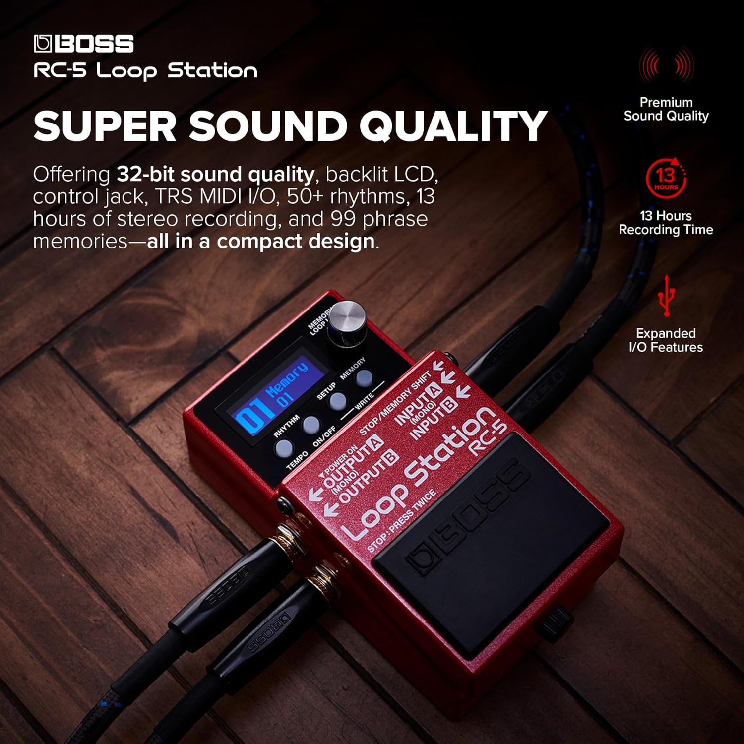 BOSS RC-5 Loop Station | Advanced Looping Features in a Compact Pedal | 32-Bit AD/DA and 32-bit Floating-Point Processing | 13 Hours Record Time | Multi-Color LCD | MIDI/IO & USB Connectivity