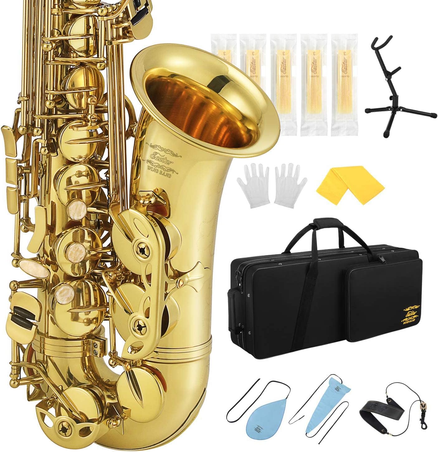 Eastar Professional Alto Saxophone Golden E Flat Eb with Cleaning Kit, Carrying Case, Mouthpiece, Neck Strap, Reeds, Stand, AS-Ⅲ