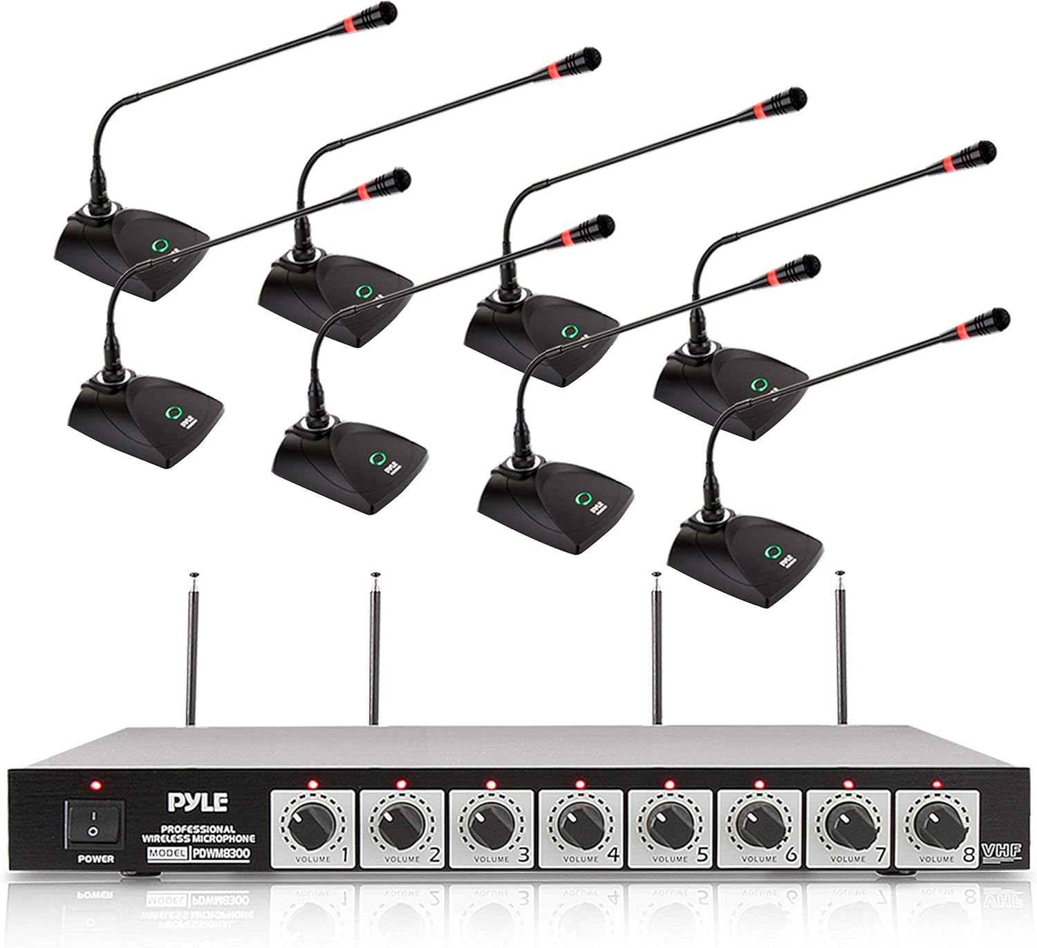 Pyle 8 Channel Wireless Microphone System - Portable VHF Cordless Audio Mic Set with 1/4