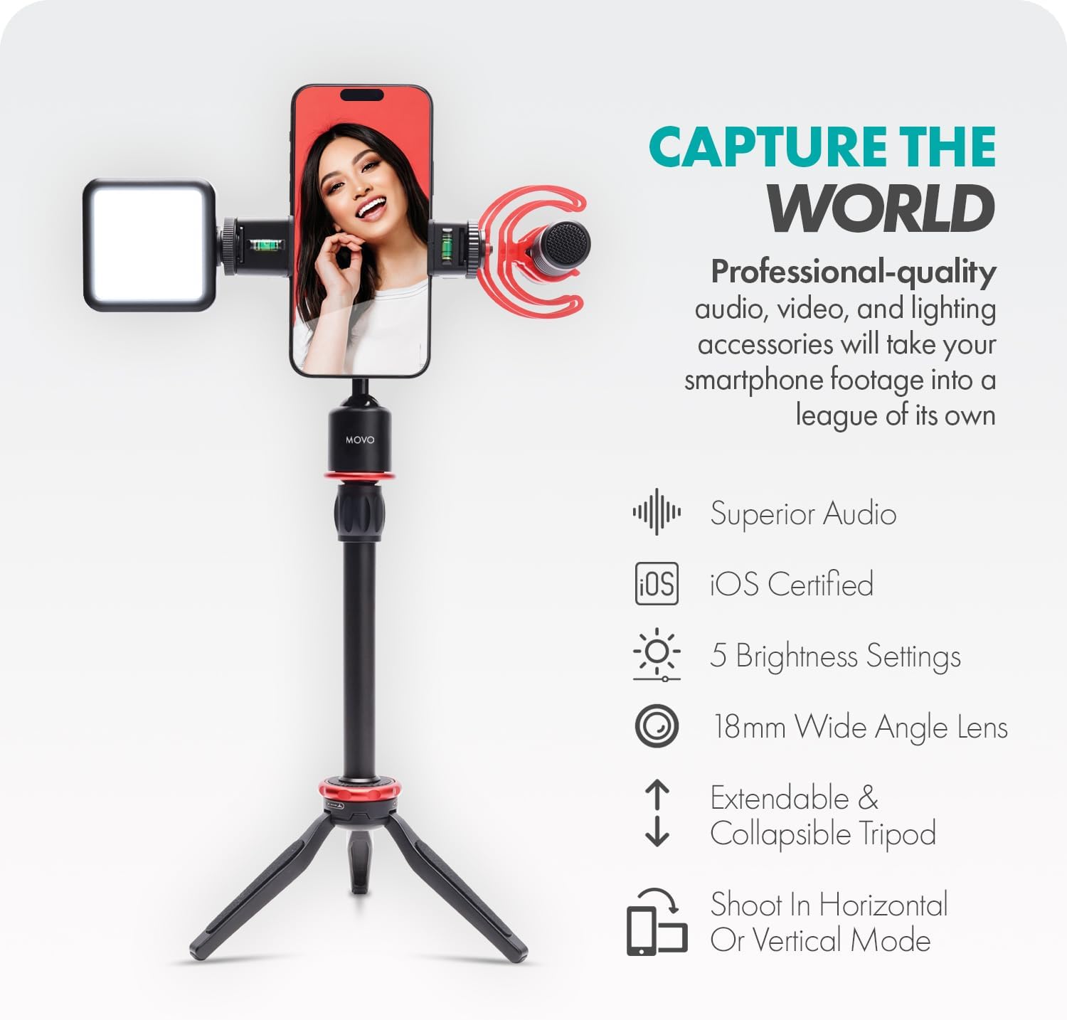 Movo iVlog1 Vlogging Kit - iPhone Lightning Compatible YouTube Starter Kit - Shotgun Microphone, Mini Tripod, LED Light, Wide-Angle Lens, Lightning Adapter