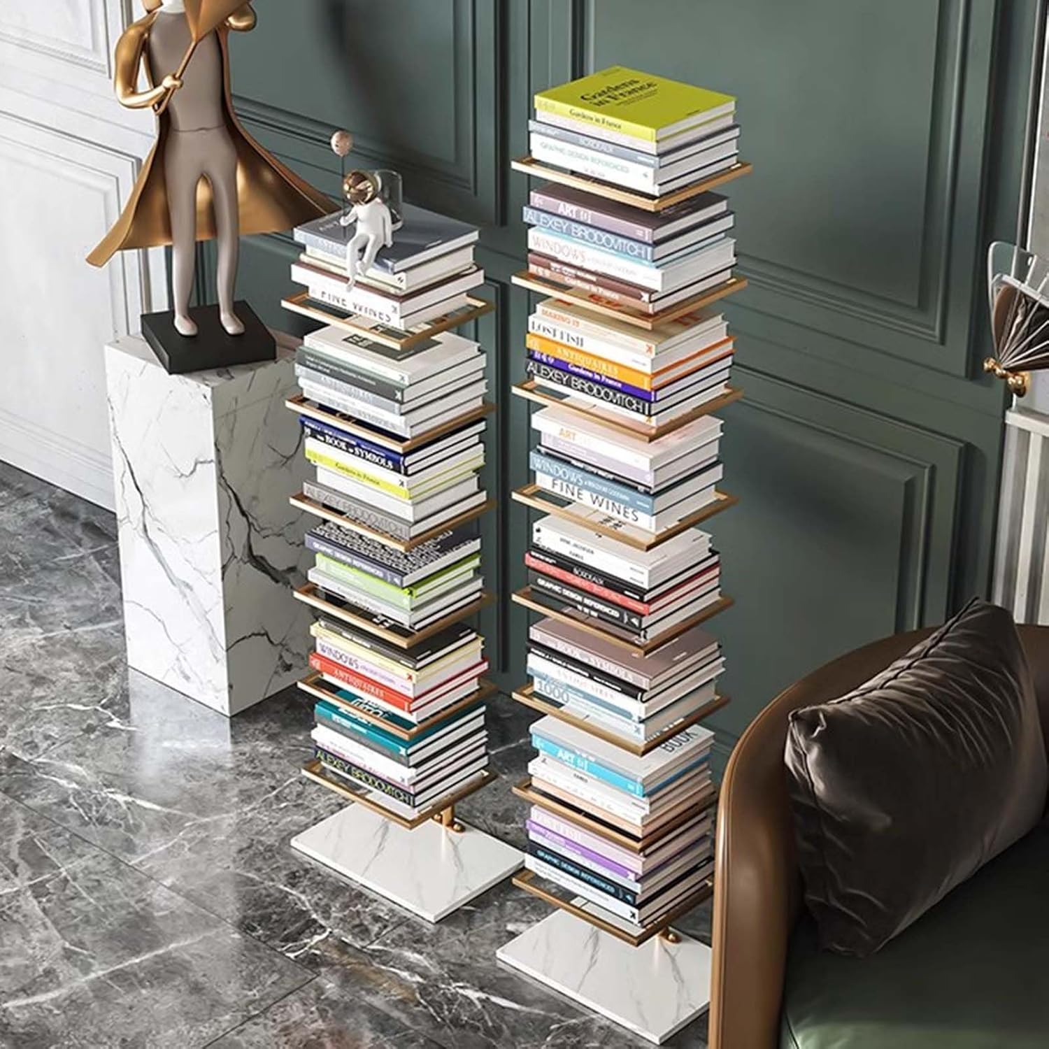 Tall Vertical Spine Book Tower, Space Saving Corner Bookshelf, Multipurpose Storage Rack Book Organizers, Floating Book Shelves Floor Standing(Gold,6-Tier 115cm (45