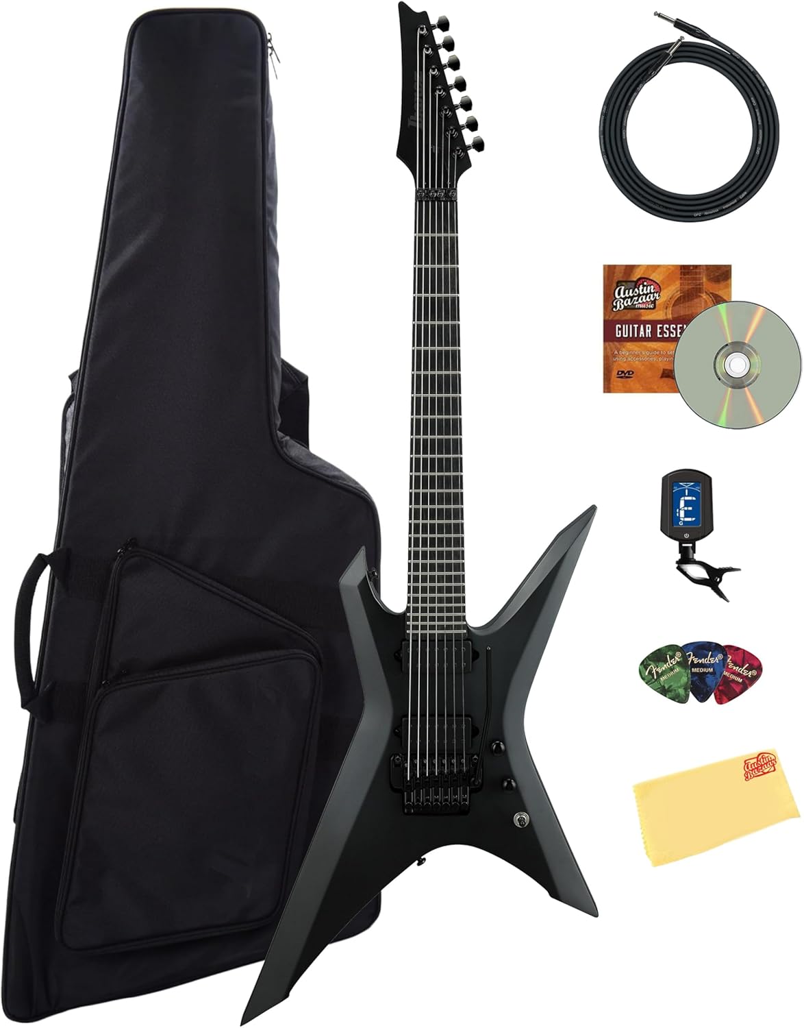 Ibanez XPTB720 X Iron Label 7-String Electric Guitar - Black Flat Bundle with Gig Bag, Tuner, Cable, Picks, Austin Bazaar Instructional DVD, and Polishing Cloth