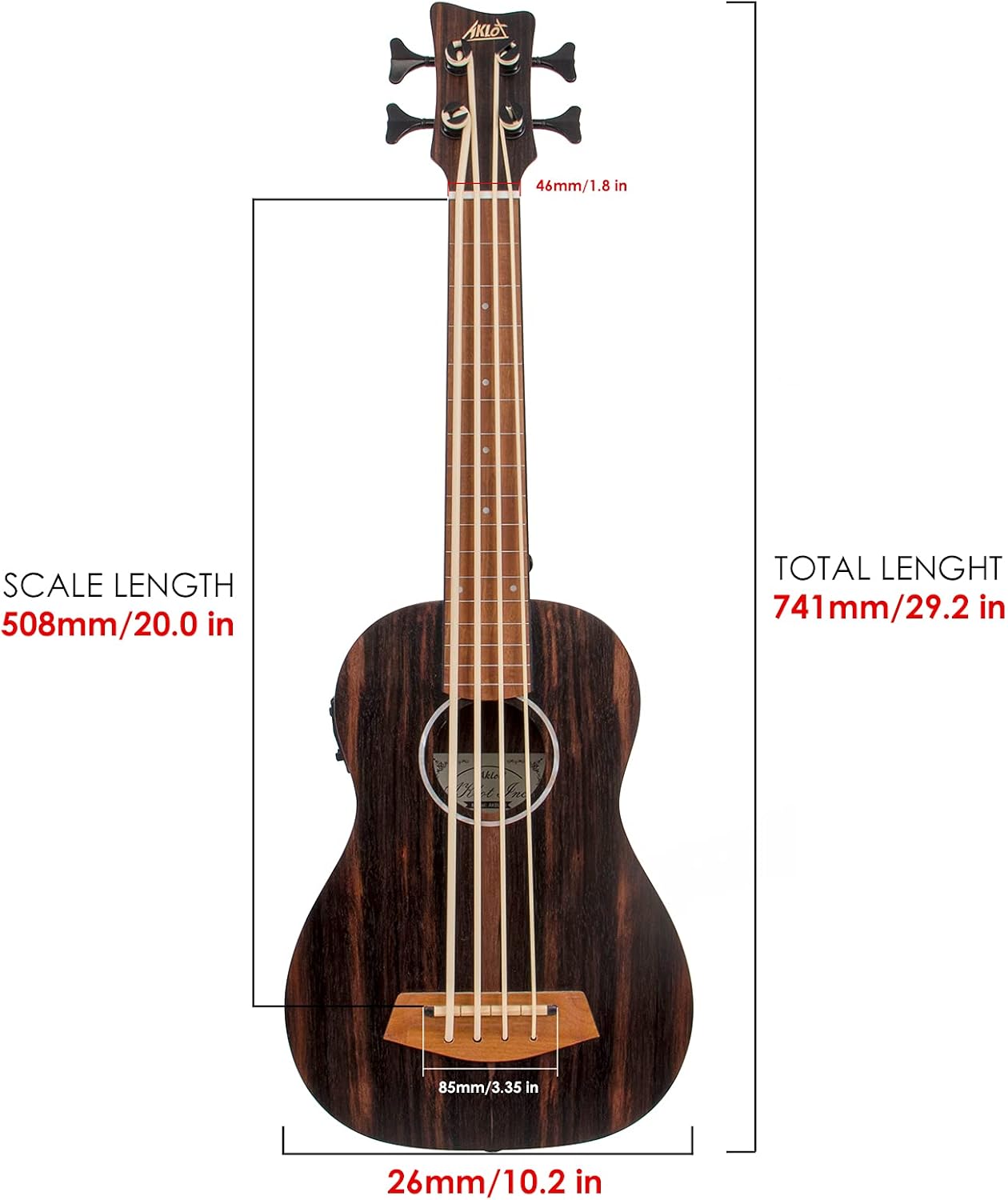 Electric Bass Ukulele,AKLOT Baritone Fretless Ukelele Bass Uke 30 inch Ebony African Blackwood Professional E-A-D-G with Gig Bag Strap for Beginner Advanced