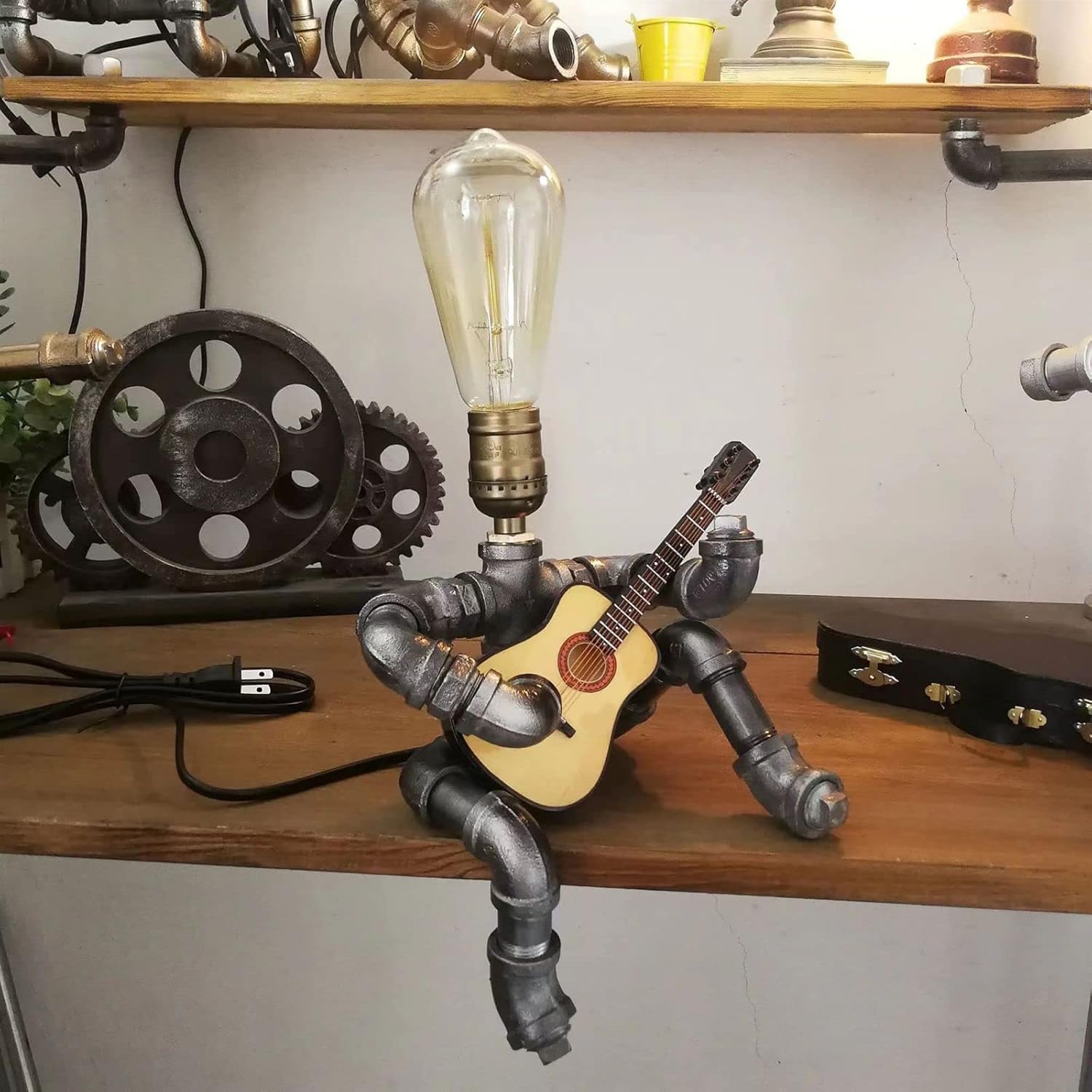 Steampunk Industrial Guitar Lamp - Unique Table Lamp/Desk Lamp with Edison Bulb, Vintage Decorative Lamp for Men, Guitar Lovers & Musicians, Creative Unusual Music-Themed Gift