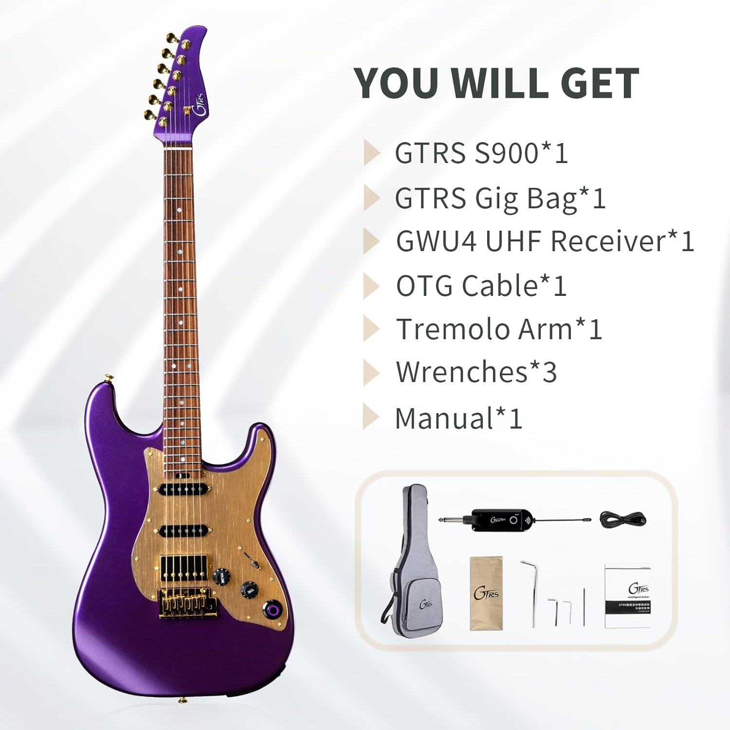 GTRS S900 Smart Electric Guitar Kit With UHF Wireless Transmitter, Practice Guitar Intelligent System With 126 Effects Types, 80s Loop, 40 Drummer, 10H Bettaty Life, 6 Strings, Right Hand(S900 Purple)