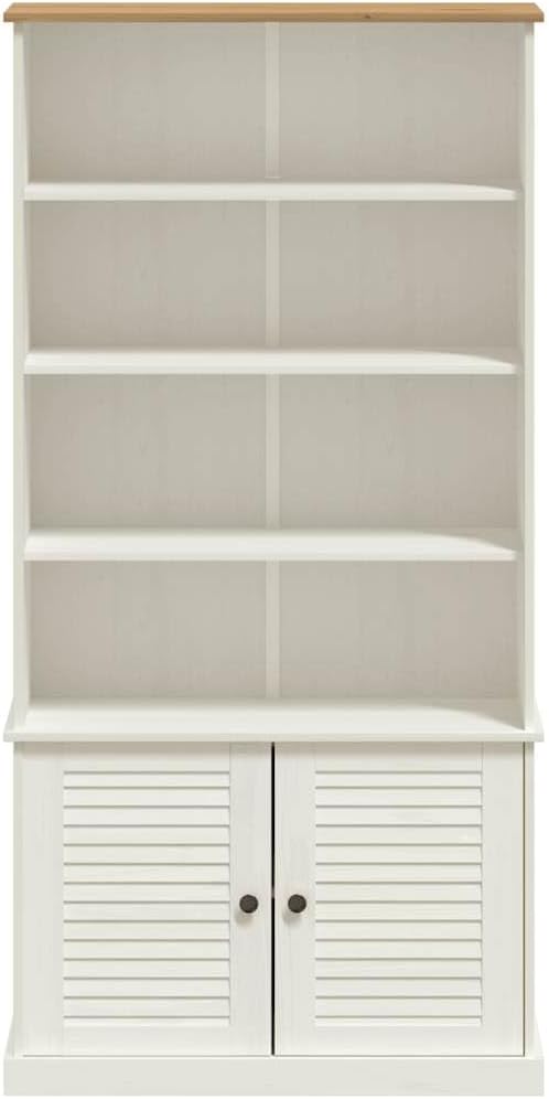 Rustic 6-Tier White Bookcase 33.5 x 13.8 x 66.9 in Solid Pine Wood Shelf Unit with Louvered Doors for Living Room Bedroom Office Storage