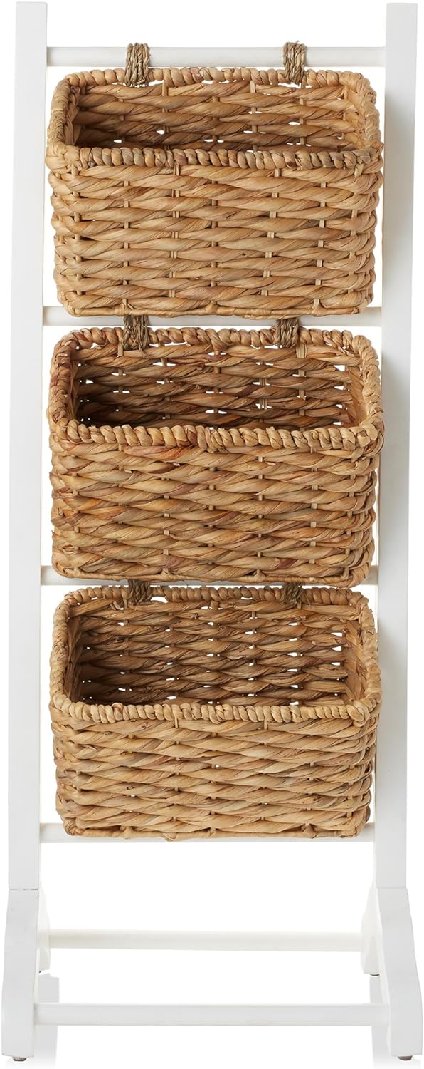 Casafield 3-Tier Floor Stand with Water Hyacinth Storage Baskets, White/Natural - Standing Organizer Rack for Bathroom, Kitchen, Laundry, Living Room