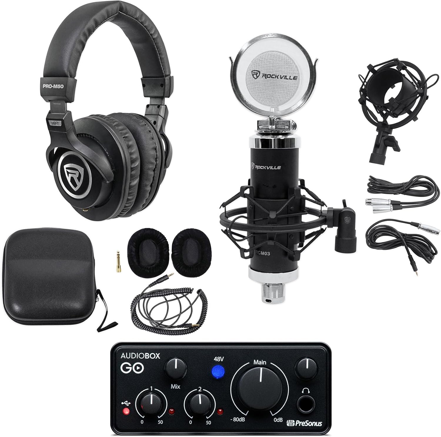 Audiosavings Bundle: Presonus AudioBox GO 2x2 USB-C Bus Power Recording Interface+Software Bundle with Rockville PRO-M50 Headphones + Rockville RCM03 Pro Recording Condenser Microphone (3 Items)
