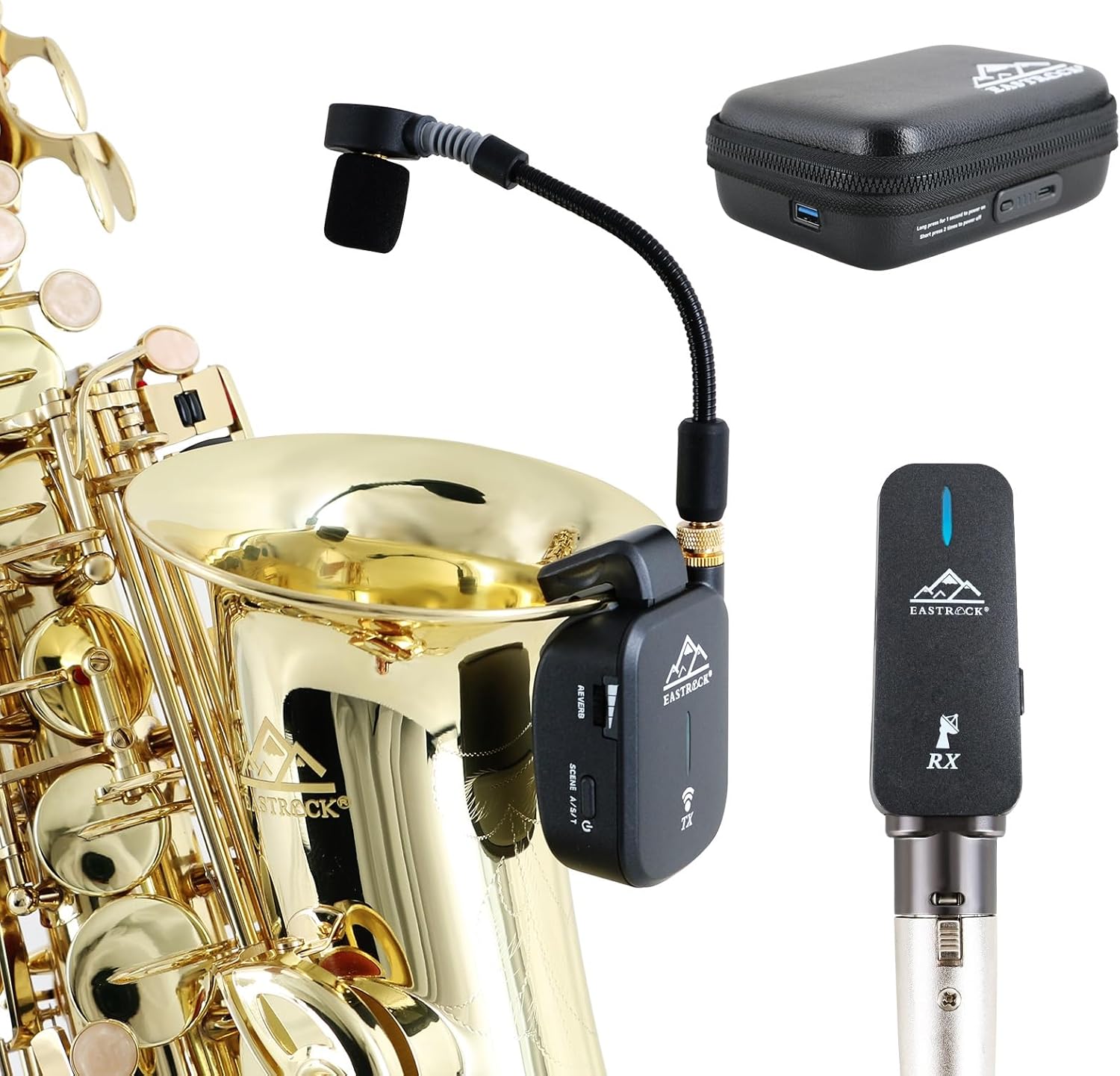 EASTROCK Saxophone Wireless System,Coverage to 130 ft/40 m,2.4 GHz Sax Microphone Wireless Receiver Transmitter Charging Case,Suitable for Recording/Monitor Headphones/Live/Reverb Control