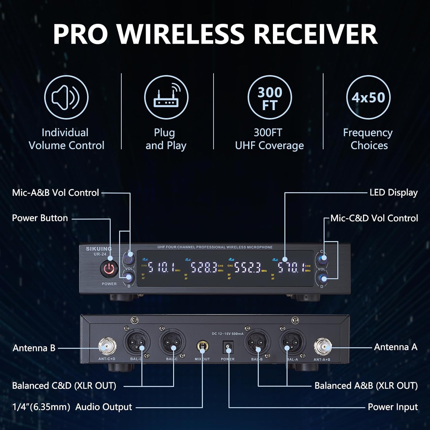 4 Channel UHF Wireless Microphone System with Cordless Handheld Mics, 4x50 Adjustable Frequencies, Ideal for Karaoke Meeting Church, 300ft Range (4 Handheld)