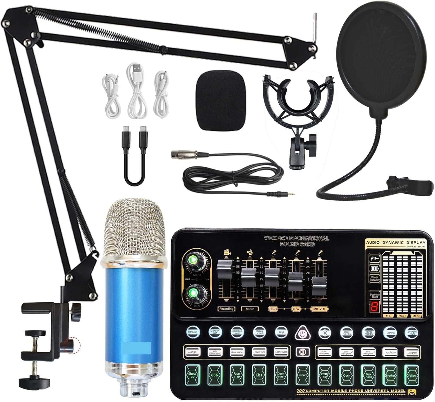 Professional Studio Karaoke & Podcast Bundle - Complete Condenser Microphone Set with Sound Card, Scissor Arm & Accessories (Blue Bm900 Suit)