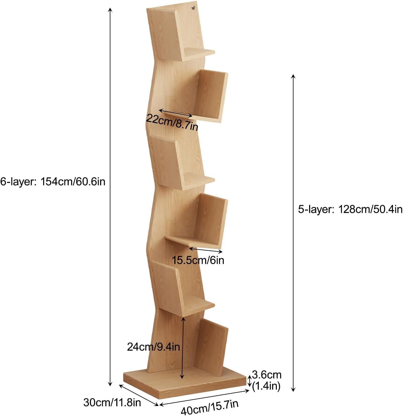5/6-Tier Wooden Open Bookcase - Tall Modern Display Storage Shelf, Modern Corner Bookshelf Library Industrial Shelving Book Shelf(Brown,154cm/60.6in)