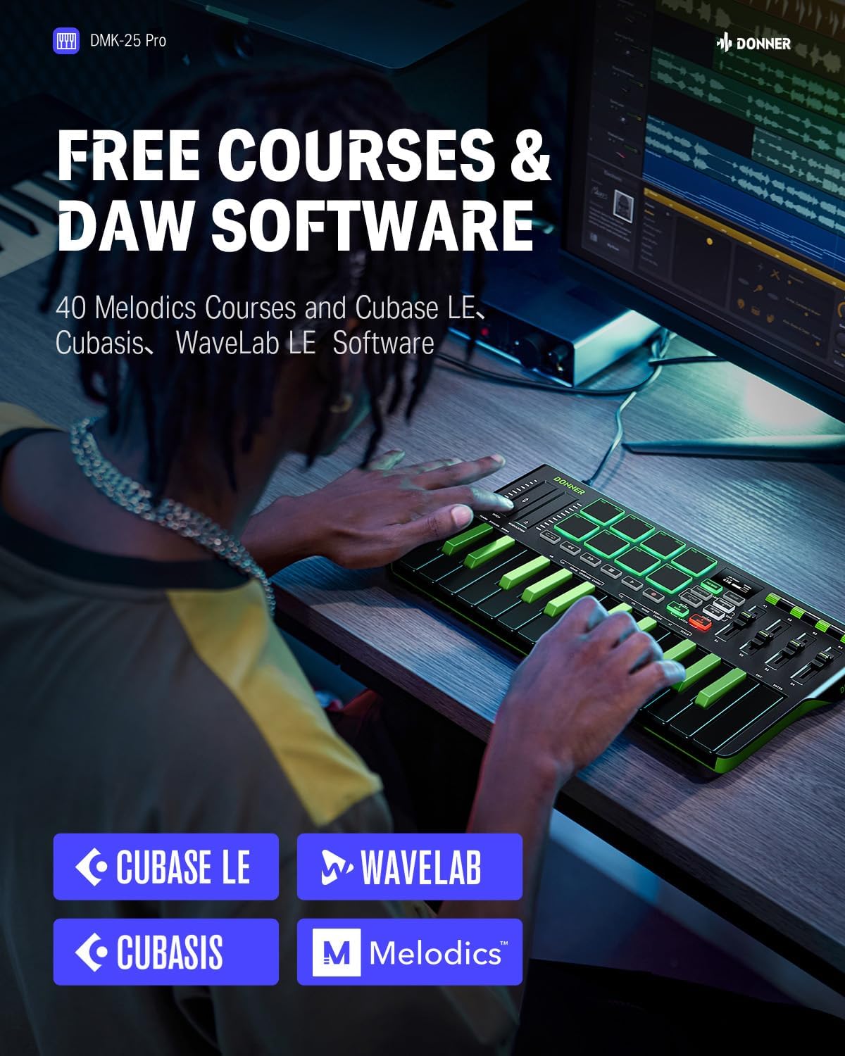 Donner DMK25 Pro MIDI Keyboard Controller, 25 Mini Key Portable USB-C MIDI Controller with 8 Drum Pads, OLED Display, Personalized Touch Bar, Music Production Software and 40 Teaching Courses, Green